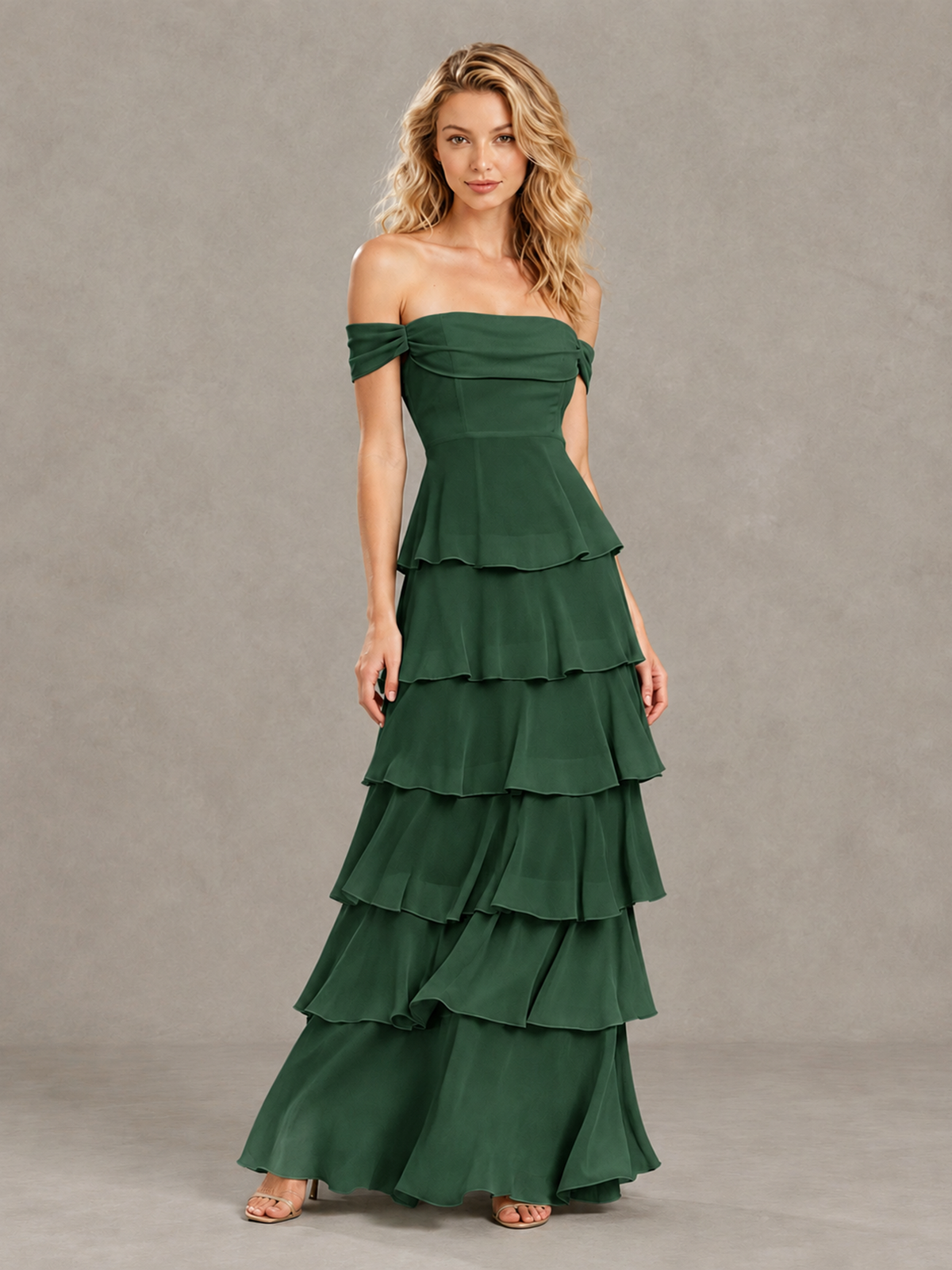 BOLODOO Emerald Green Off-Shoulder Tiered Ruffle Bridesmaid Dress with Lace-Up Back - Emerald Green - Emerald Green_3