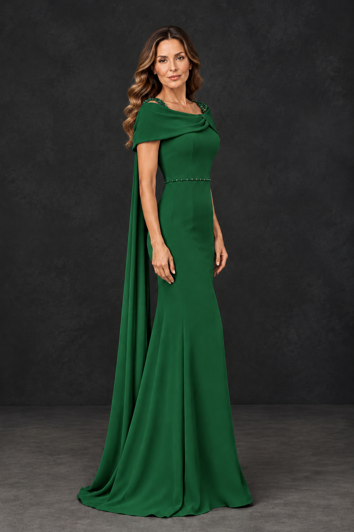 BOLODOO Emerald Green Mother of the Bride Dress with Draped Cape Detail - Emerald Green - Emerald_Green_3