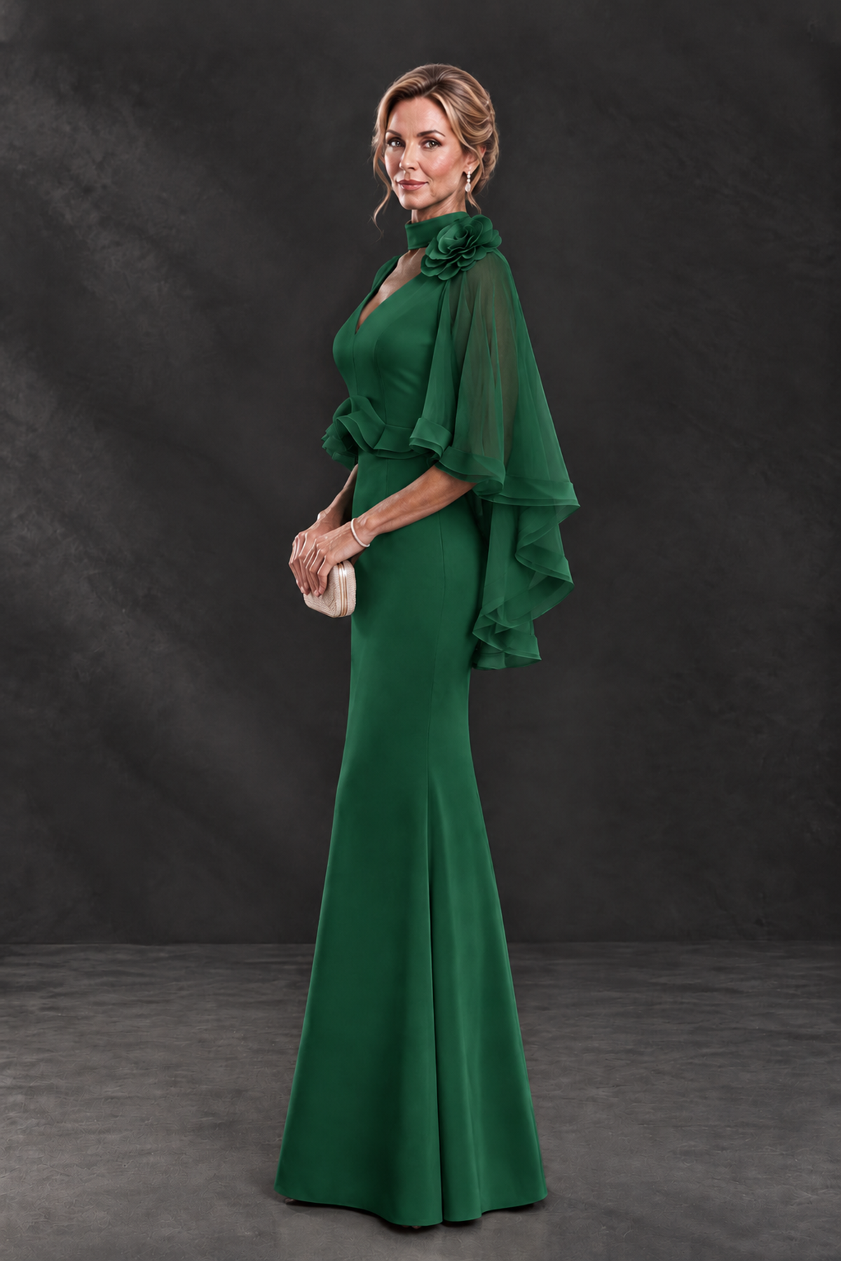 BOLODOO Emerald Green Floral Cape Sleeve Mother of the Bride Dress - Emerald Green - Emerald_Green_3