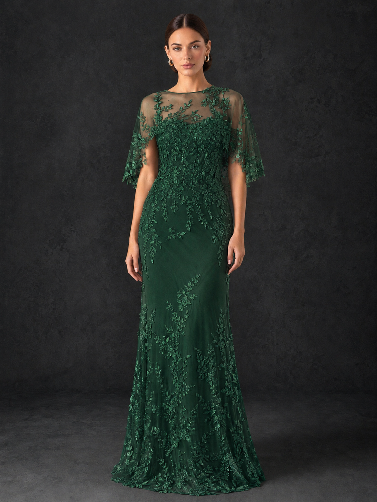 BOLODOO Mocha Rose Botanical Lace Flutter Sleeve Mermaid Gown - Emerald Green - Emerald Green