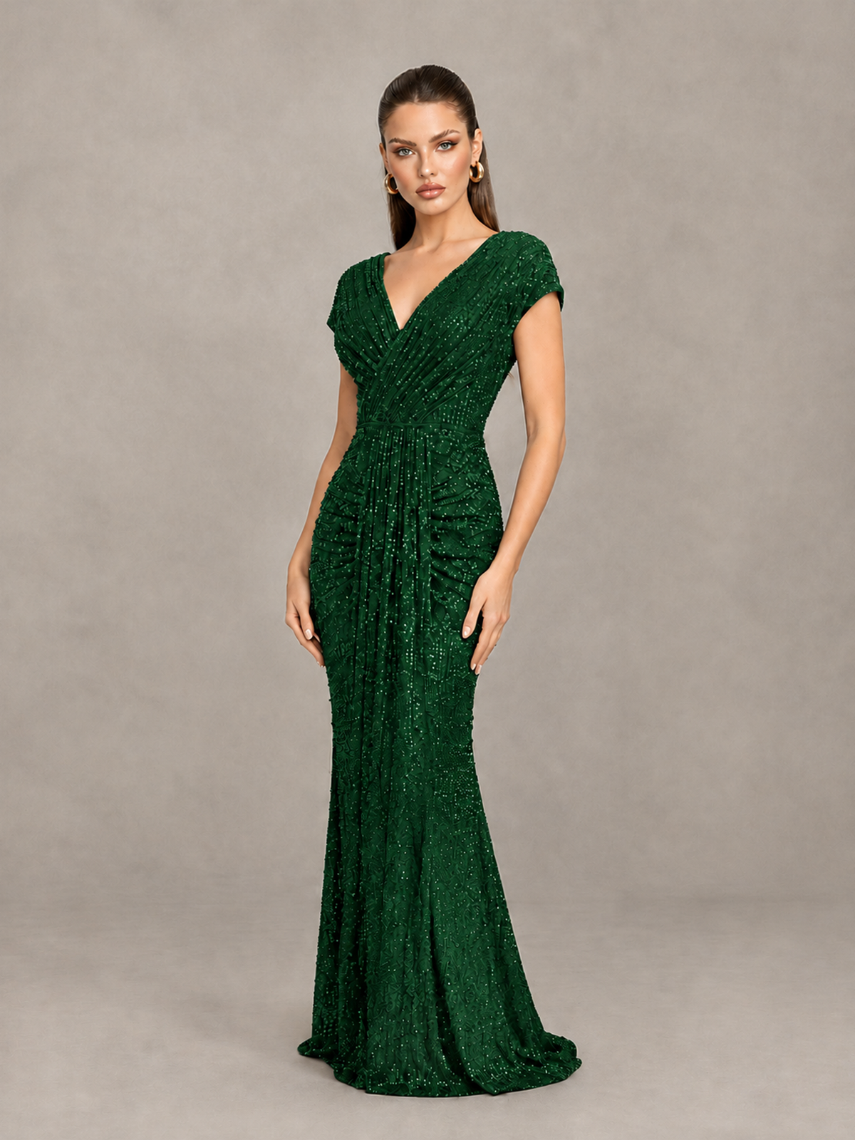 BOLODOO Emerald Green Glitter V-Neck Cap Sleeve Ruched Mermaid Evening Gown - Emerald Green - Emerald Green_3