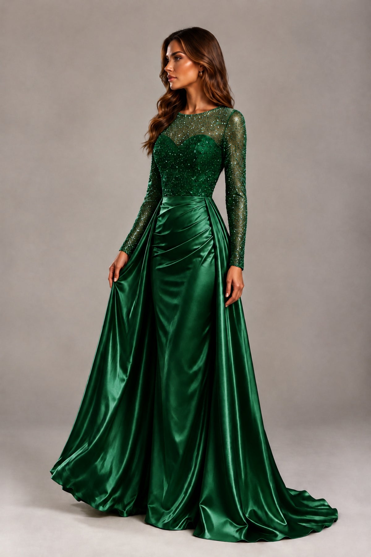 BOLODOO Emerald Green Long Sleeve Embellished Satin Evening Gown with Sweep Train - Emerald Green - Emerald Green_3