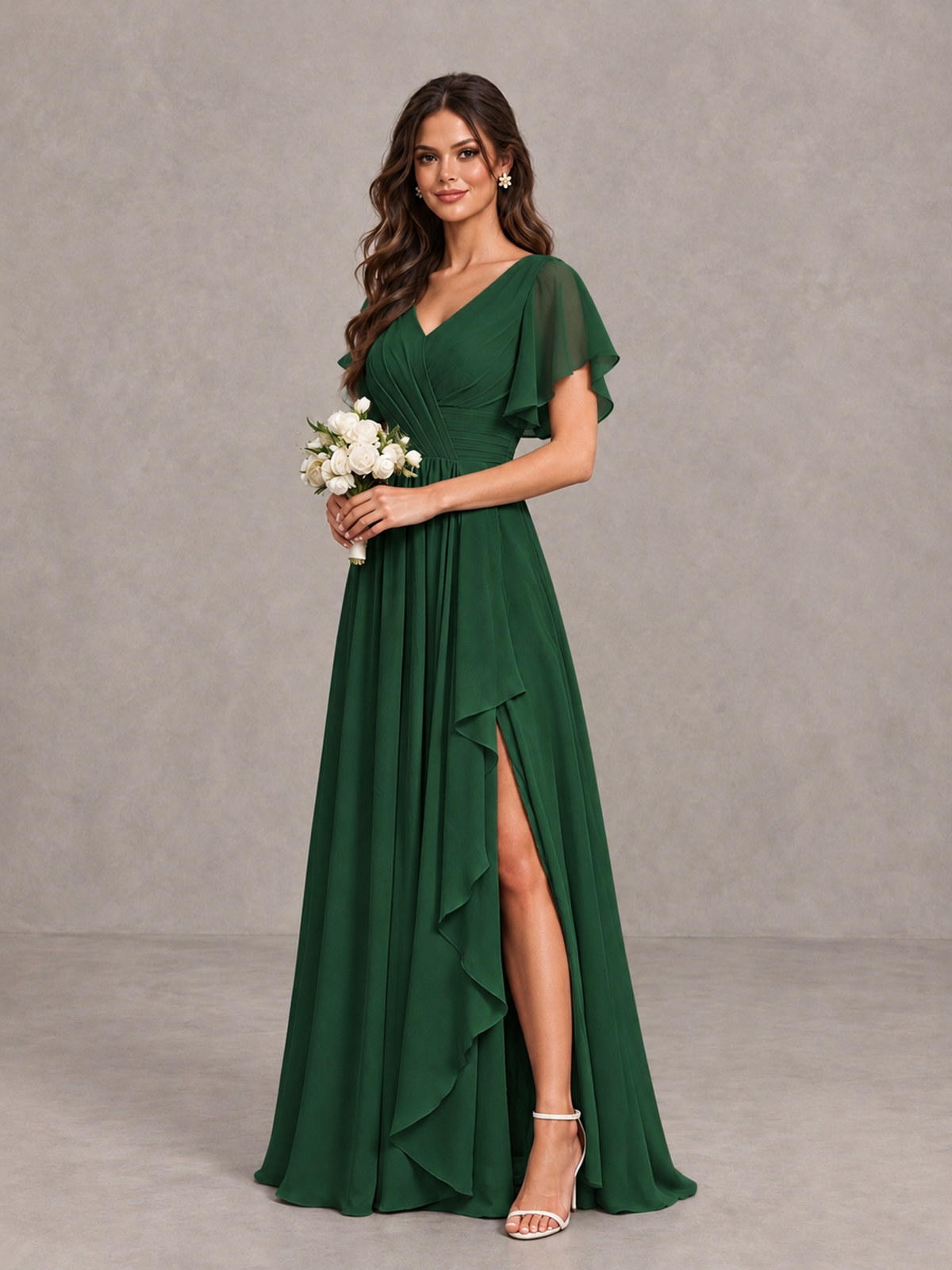 BOLODOO Emerald Green Flutter Sleeve V-Neck Bridesmaid Dress with Ruffle Slit - Emerald Green - Emerald Green_3