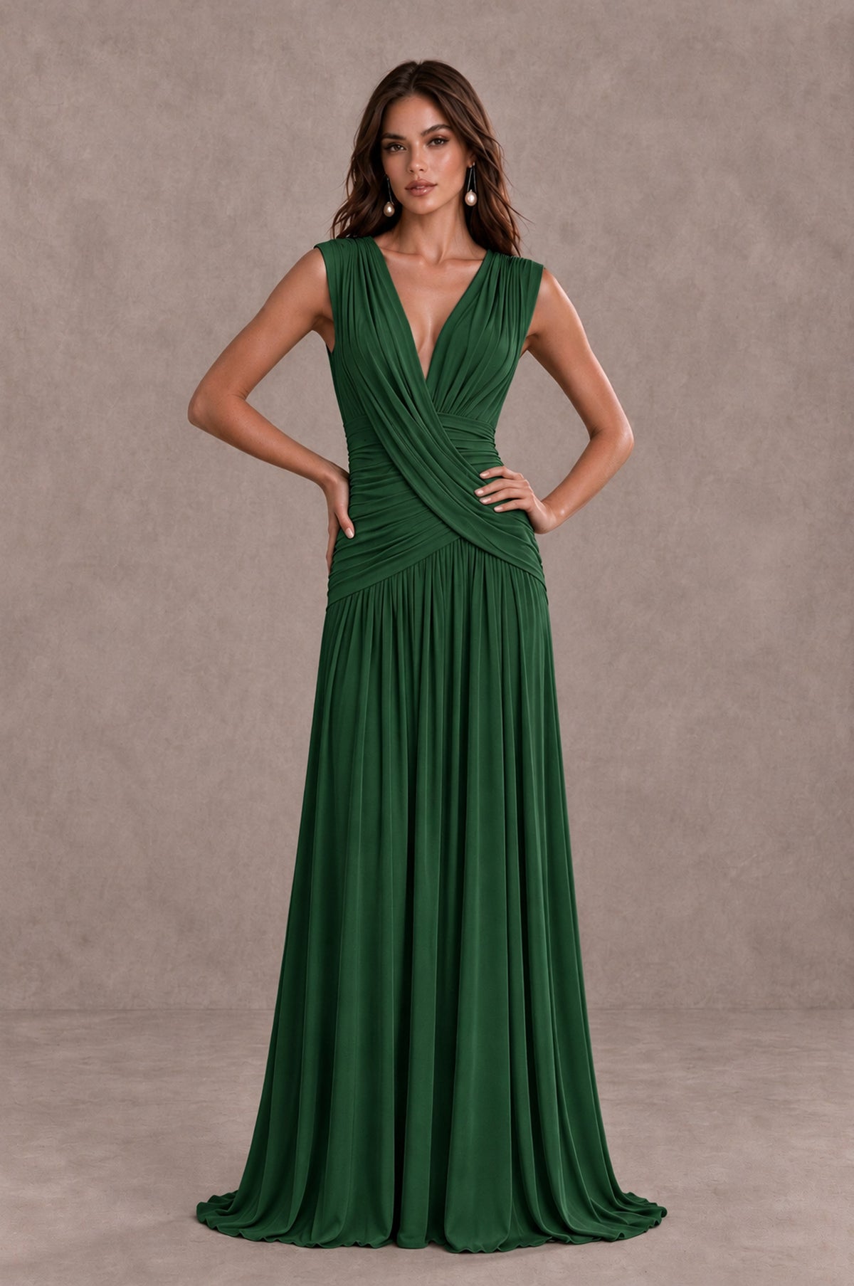 BOLODOO Emerald Green V-Neck Ruched Wedding Guest Dress - Emerald Green - Emerald Green_3