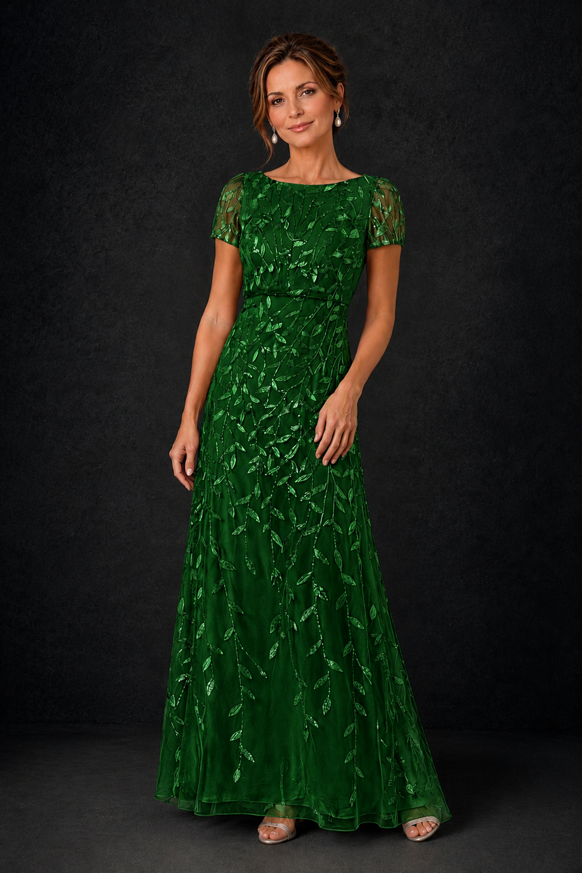 BOLODOO Emerald Green Leaf Embroidered A-Line Formal Gown with Cap Sleeves - Emerald Green - Emerald_Green_3