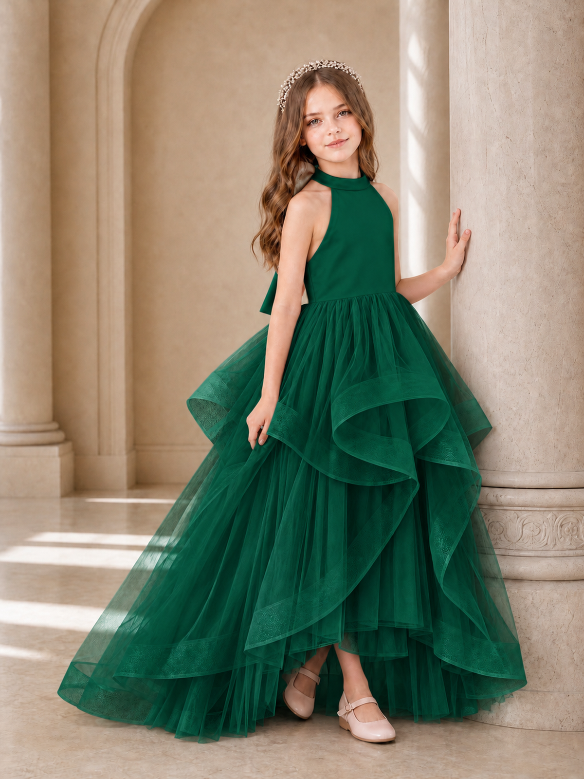 BOLODOO Emerald Green Halter Tiered Tulle Flower Girl Dress with Bow Back - Emerald Green - Emerald Green_3