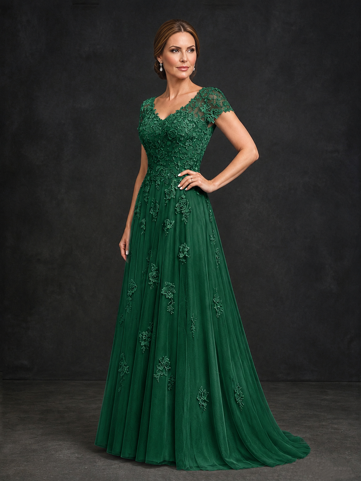 BOLODOO Emerald Green Cap Sleeve Lace Appliqué A-Line Formal Gown | Mother of the Bride Dress - Emerald Green - Emerald Green_3