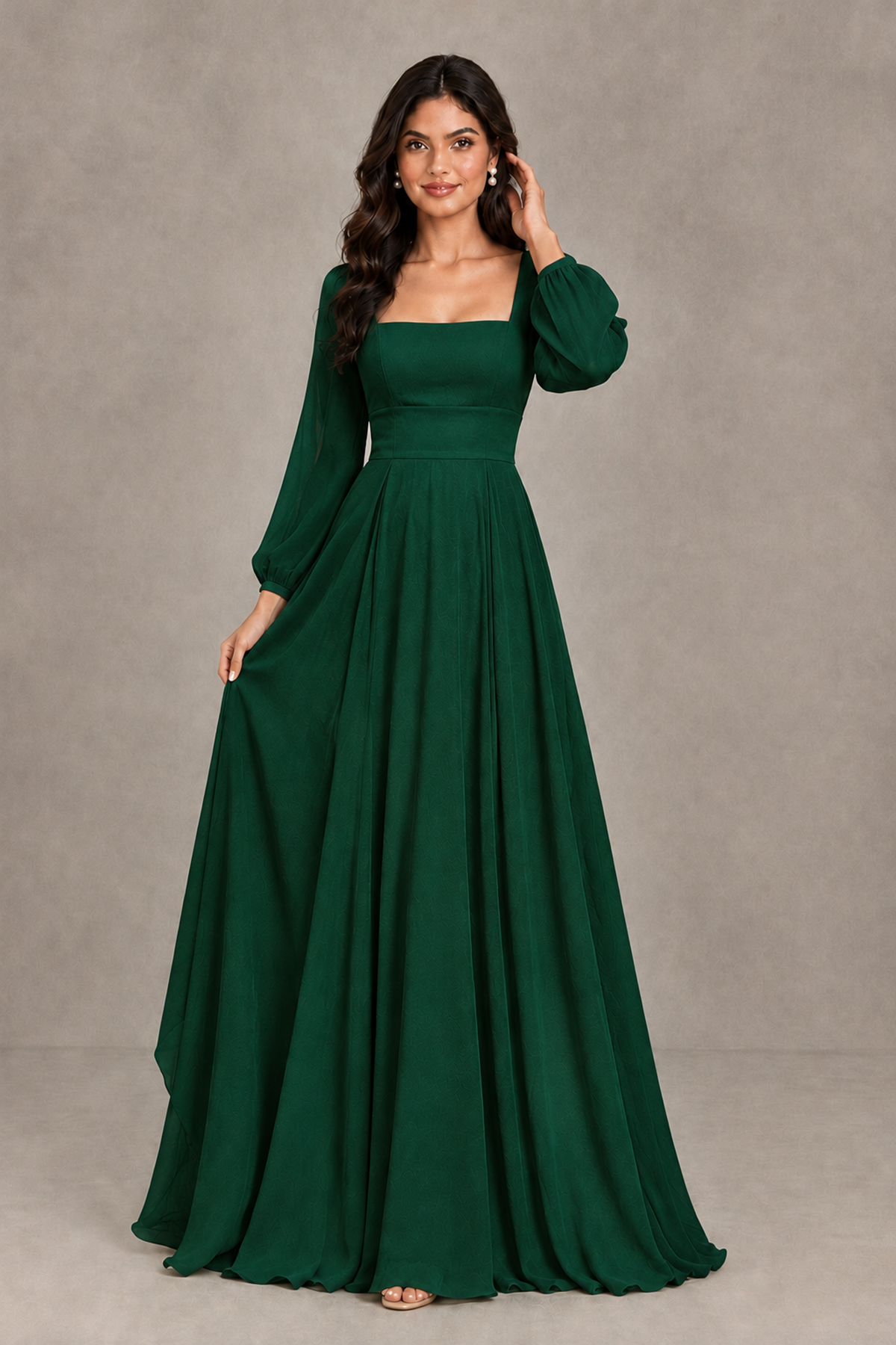 BOLODOO Emerald Green Square Neck Long Sleeve A-Line Bridesmaid Dress - Emerald Green - Emerald Green_3