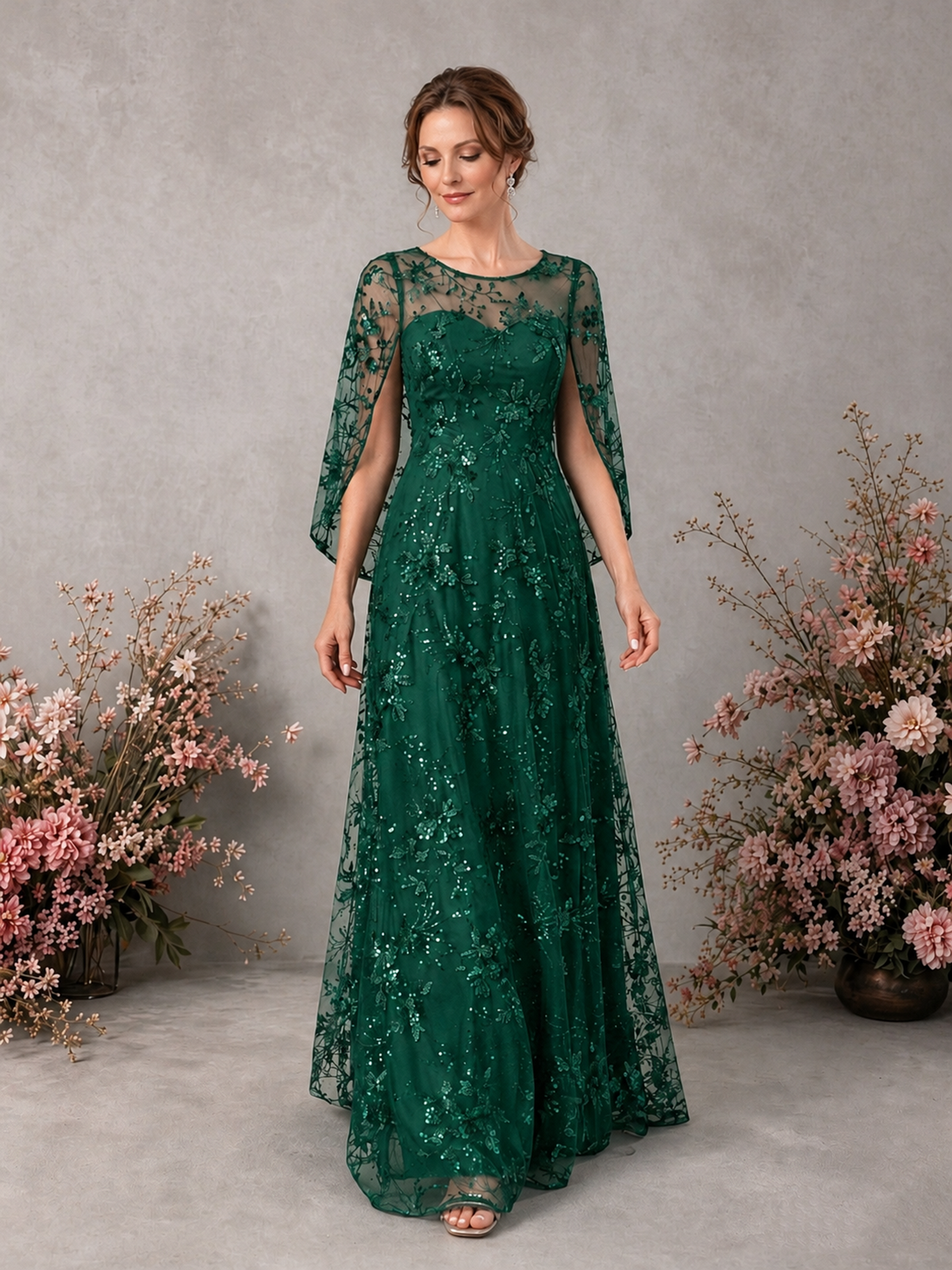 BOLODOO Emerald Green Sequin Lace Cape Sleeve Formal Evening Gown - Emerald Green - Emerald Green_3