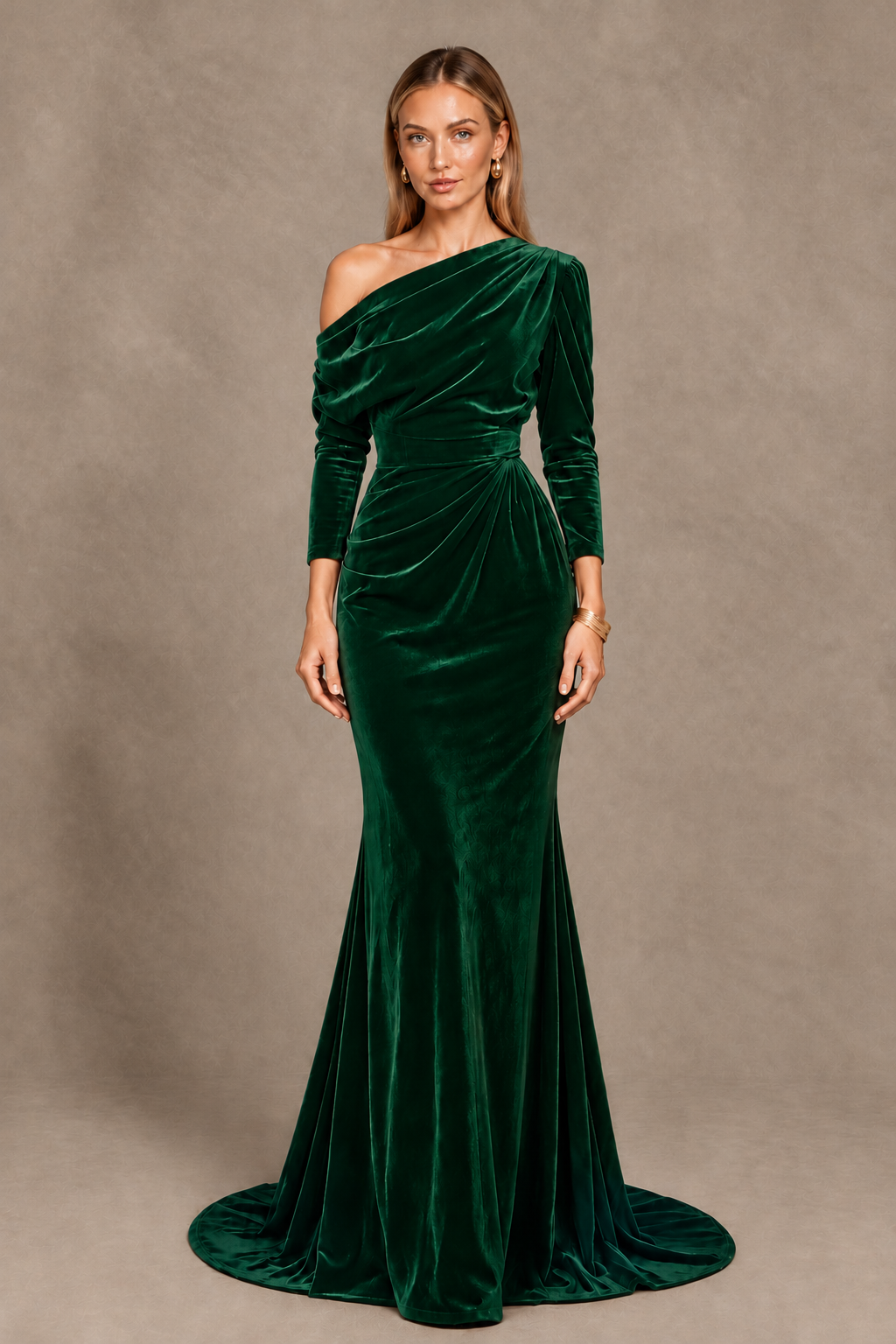 BOLODOO Emerald Green Velvet Asymmetric Neck Mermaid Evening Dress - Emerald Green - Emerald Green_3