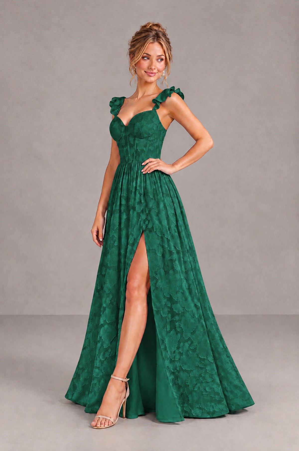 BOLODOO Emerald Green Floral A-Line Bridesmaid Dress with Slit Ruffle Straps Maxi Gown - Emerald Green - Emerald Green_3