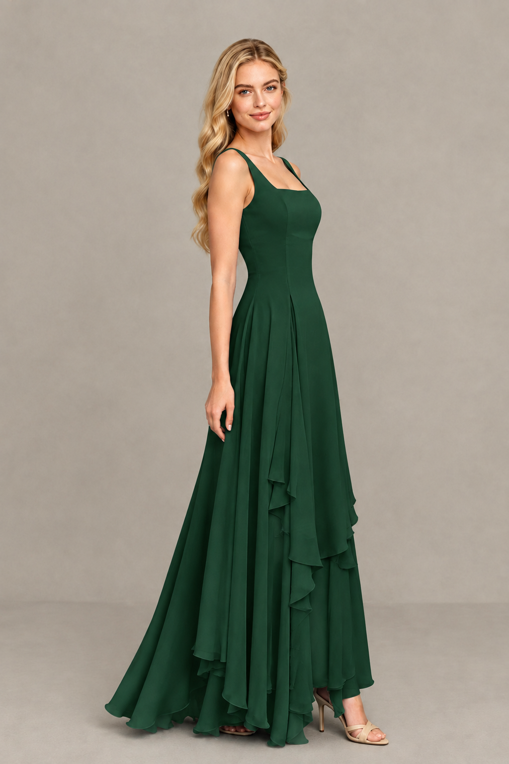 BOLODOO Emerald Green Square Neck Chiffon Bridesmaid Dress with Lace-Up Back - Emerald Green