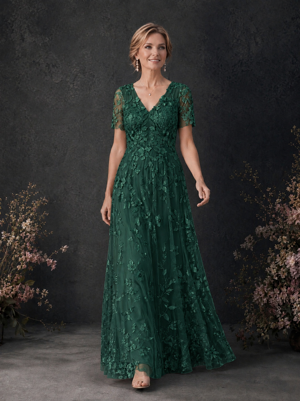 BOLODOO Emerald Green 3D Floral Embroidered Lace V-Neck Short Sleeve A-Line Maxi Dress - Emerald Green