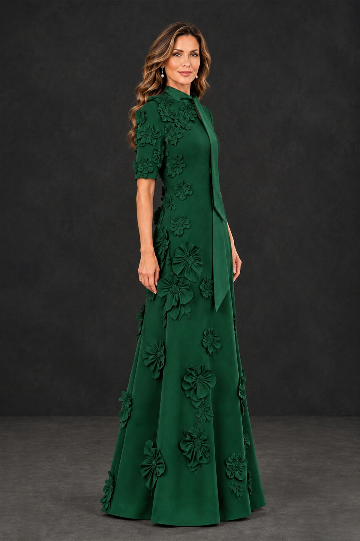 BOLODOO Emerald Green Floral Applique High-Neck Half-Sleeve Gown - Emerald Green - Emerald Green_3