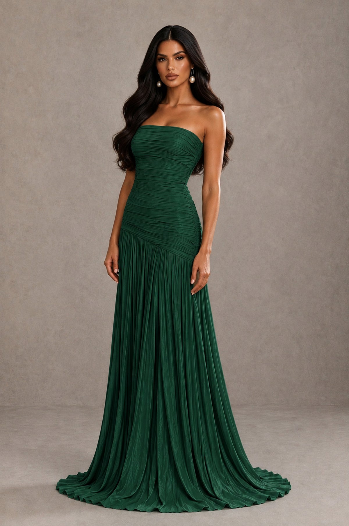 BOLODOO Emerald Green Metallic Ruched Strapless Pleated A-Line Backless Maxi Dress with Train - Emerald Green - Emerald Green_3