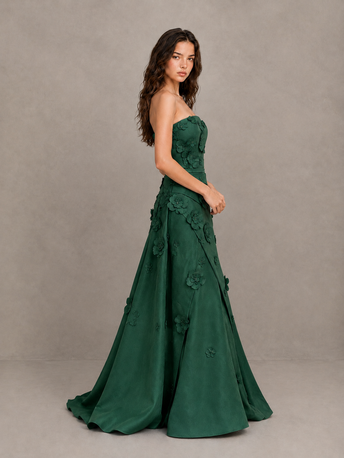 BOLODOO Emerald Green Strapless 3D Floral Applique Prom Gown with Draped Skirt - Emerald Green - Emerald Green(3)