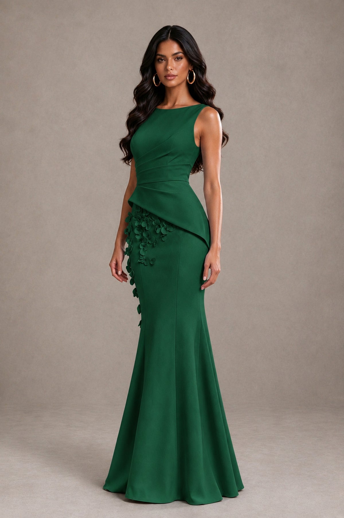 BOLODOO Emerald Green Bateau Neck Sleeveless Asymmetric Peplum 3D Petal Appliqué Mermaid Gown BD0421 - Emerald Green - Emerald Green_3