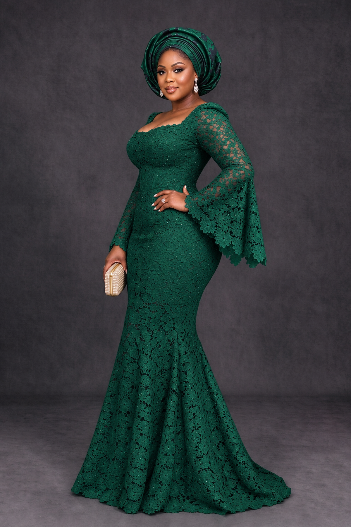 BOLODOO Emerald Green African Lace Mermaid Dress, Plus Size Nigerian Wedding Guest Gown with Bell Sleeves - Emerald Green - Emerald Green_3