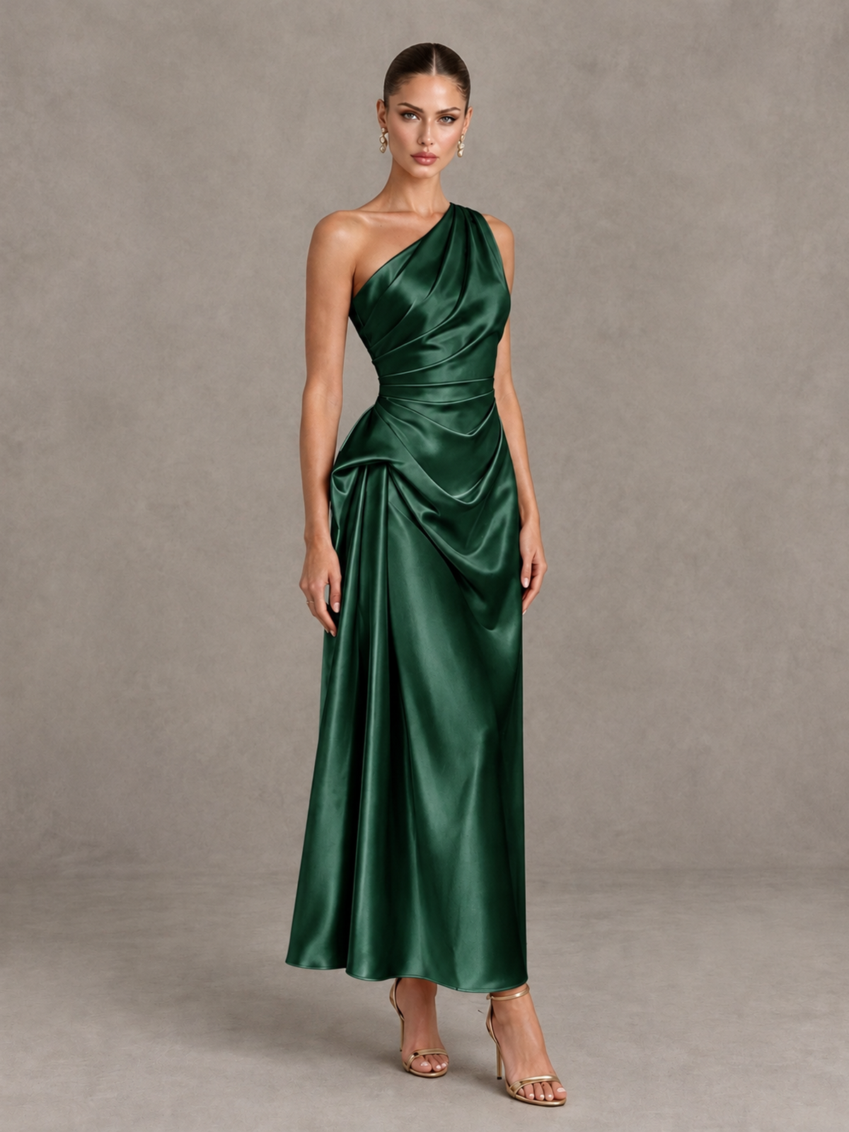 BOLODOO Emerald Green One Shoulder Satin Cocktail Dress with Draped A-Line Skirt - Emerald Green - Emerald Green_3