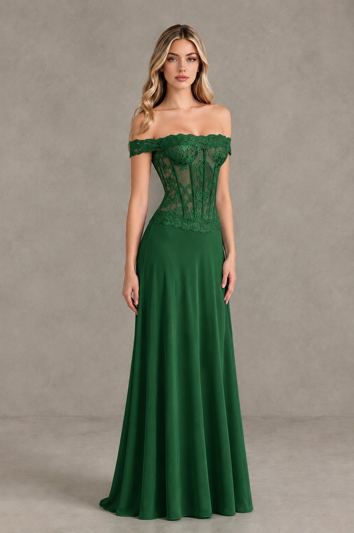 BOLODOO Emerald Green Off Shoulder Lace Corset Wedding Guest Dress - Emerald Green - Emerald Green_3