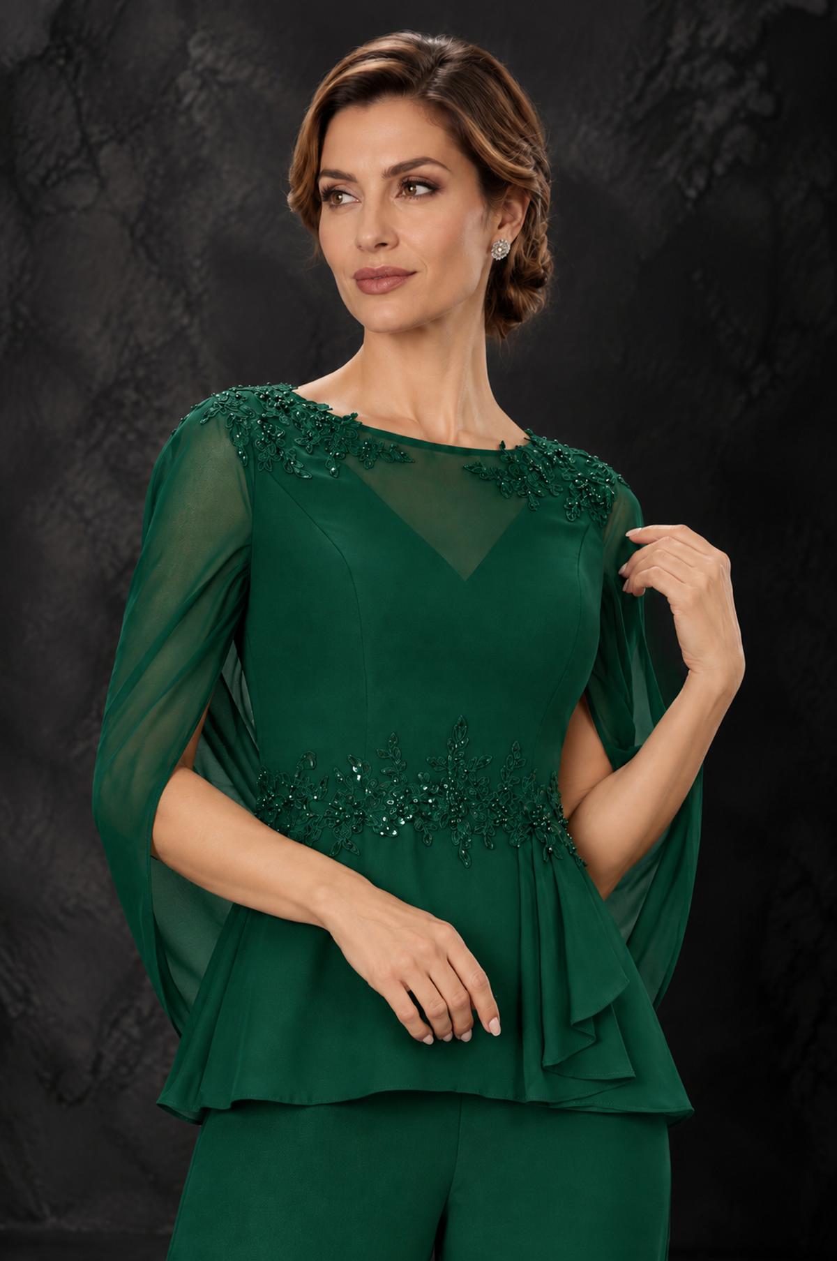 BOLODOO Emerald Green Embellished Cape Sleeve Mother of the Bride Pantsuit - Emerald Green - Emerald_Green_3