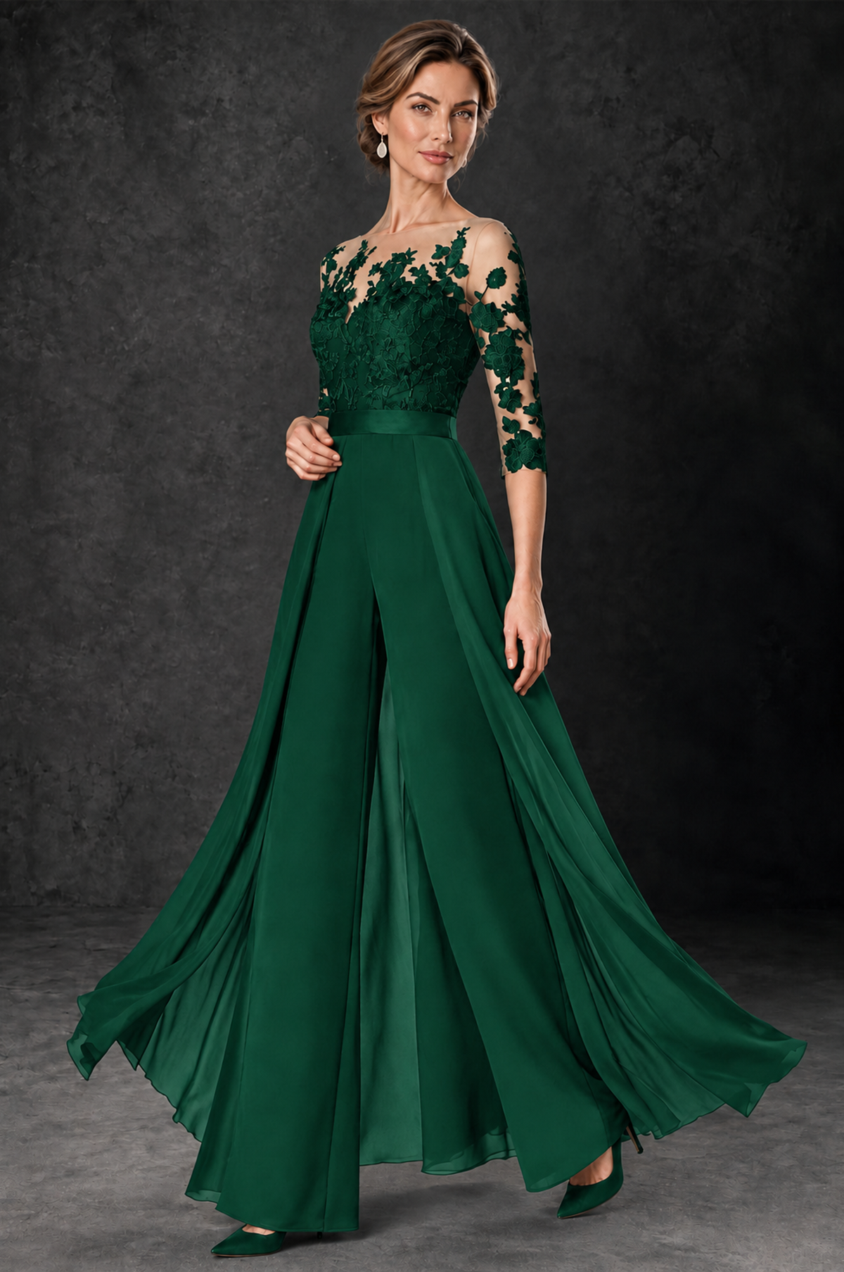 BOLODOO Emerald Green Lace Wide-Leg Jumpsuit with Three-Quarter Sleeves - Emerald Green - Emerald_Green_3