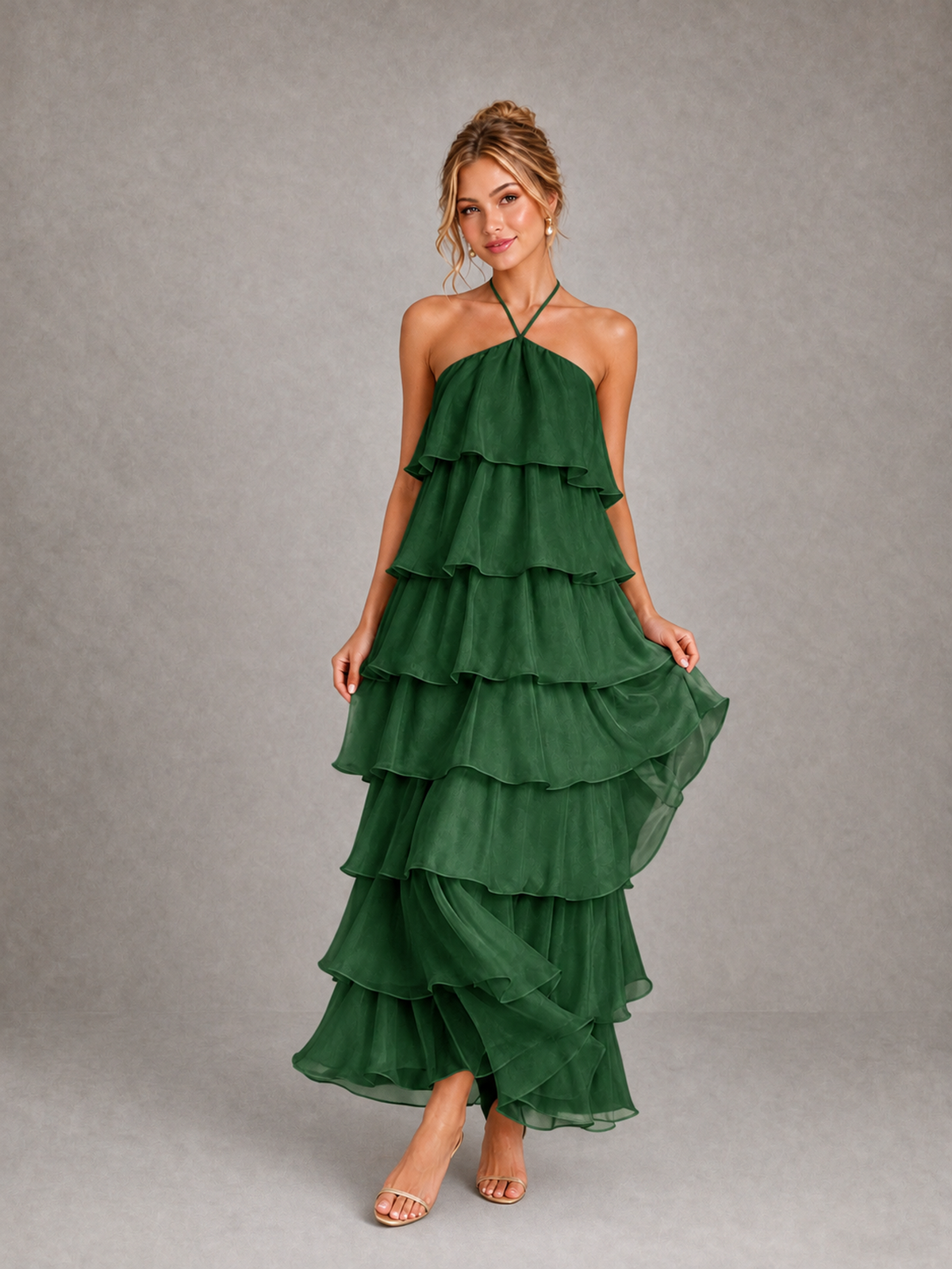 BOLODOO Emerald Green Halter Tiered Ruffle Maxi Bridesmaid Dress - Emerald Green - Emerald Green_3
