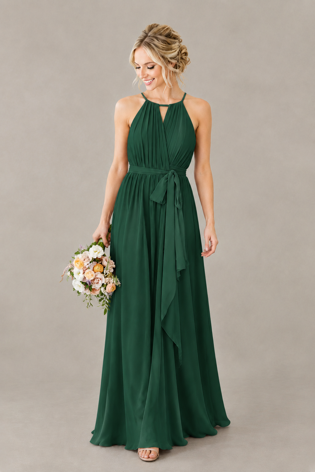 BOLODOO Emerald Green Halter Chiffon Bridesmaid Dress with High Slit - Emerald Green