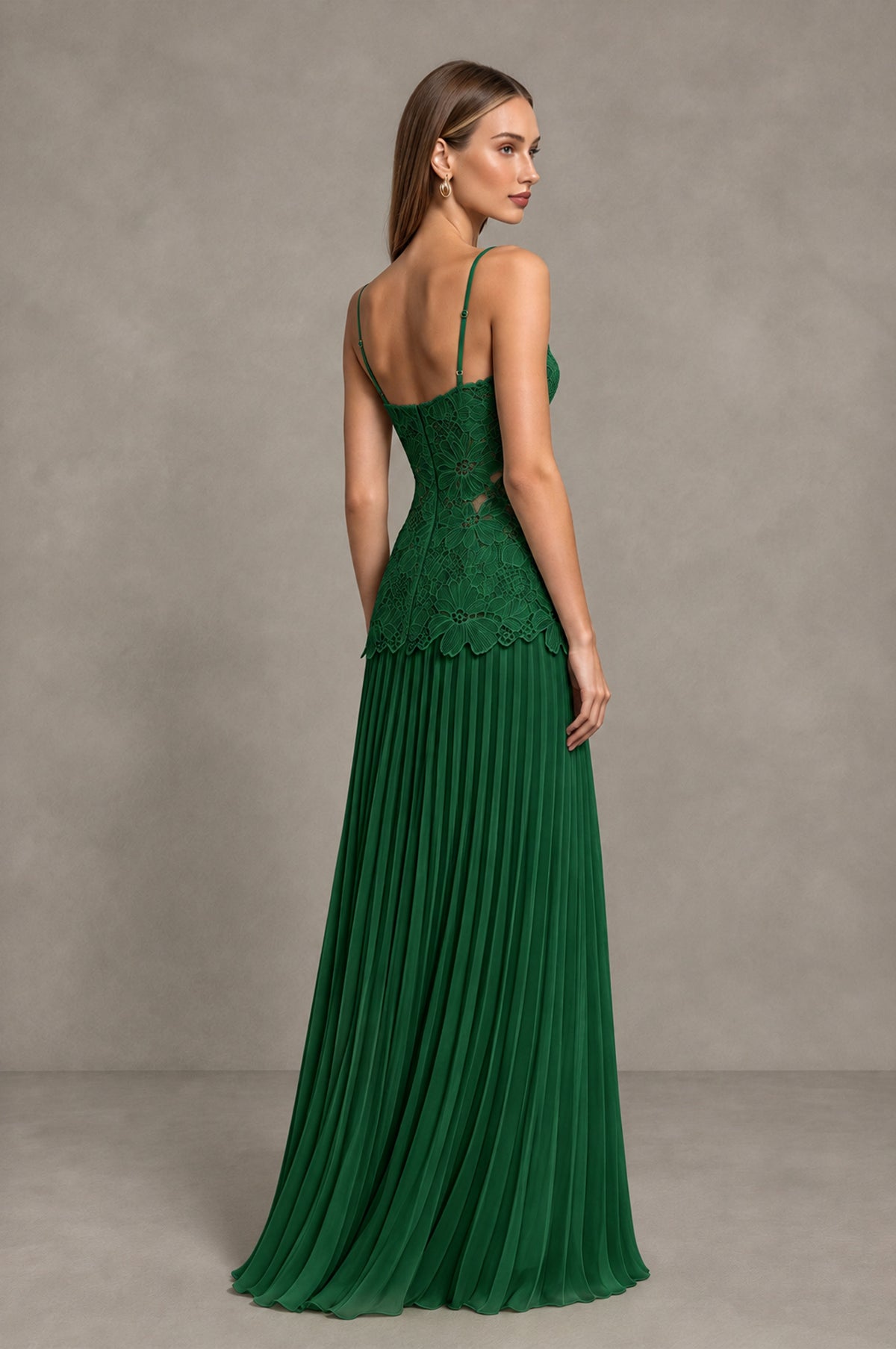 BOLODOO Emerald Green Lace Bodice Pleated Wedding Guest Dress - Emerald Green - Emerald Green_4
