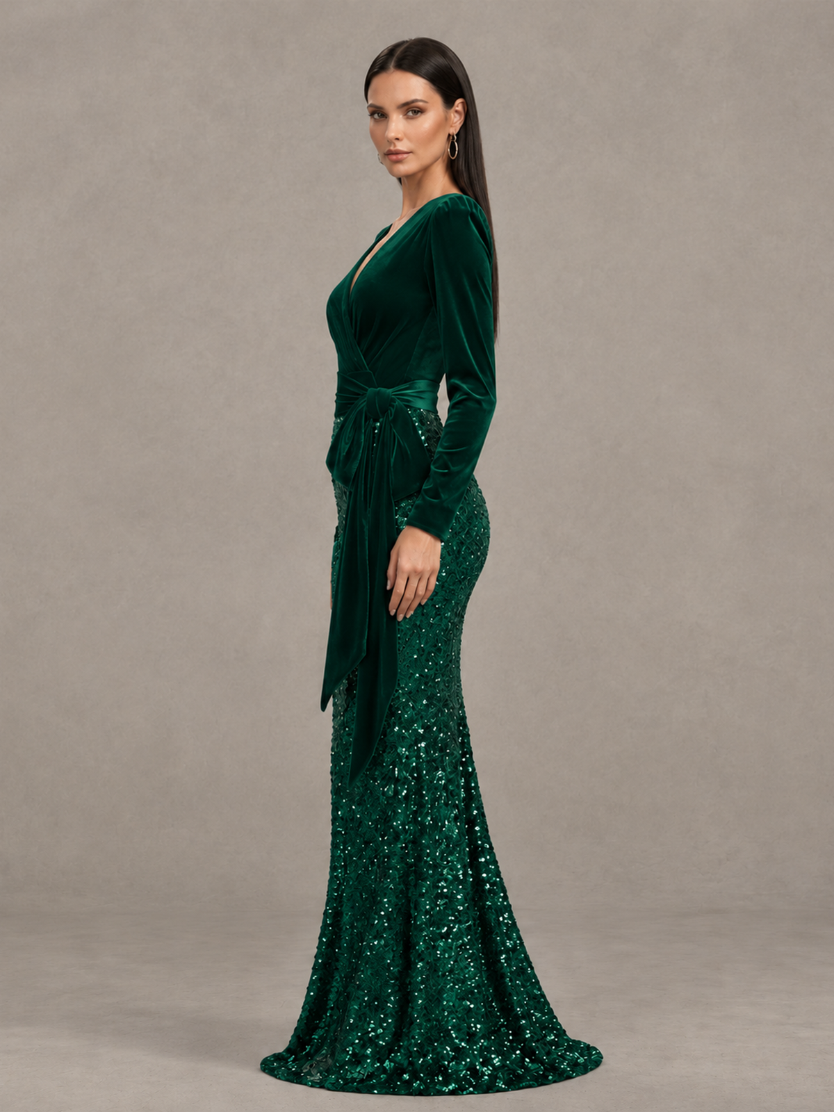 BOLODOO Emerald Green Velvet & Sequin Long Sleeve V-Neck Mermaid Evening Gown - Emerald Green - Emerald Green_4