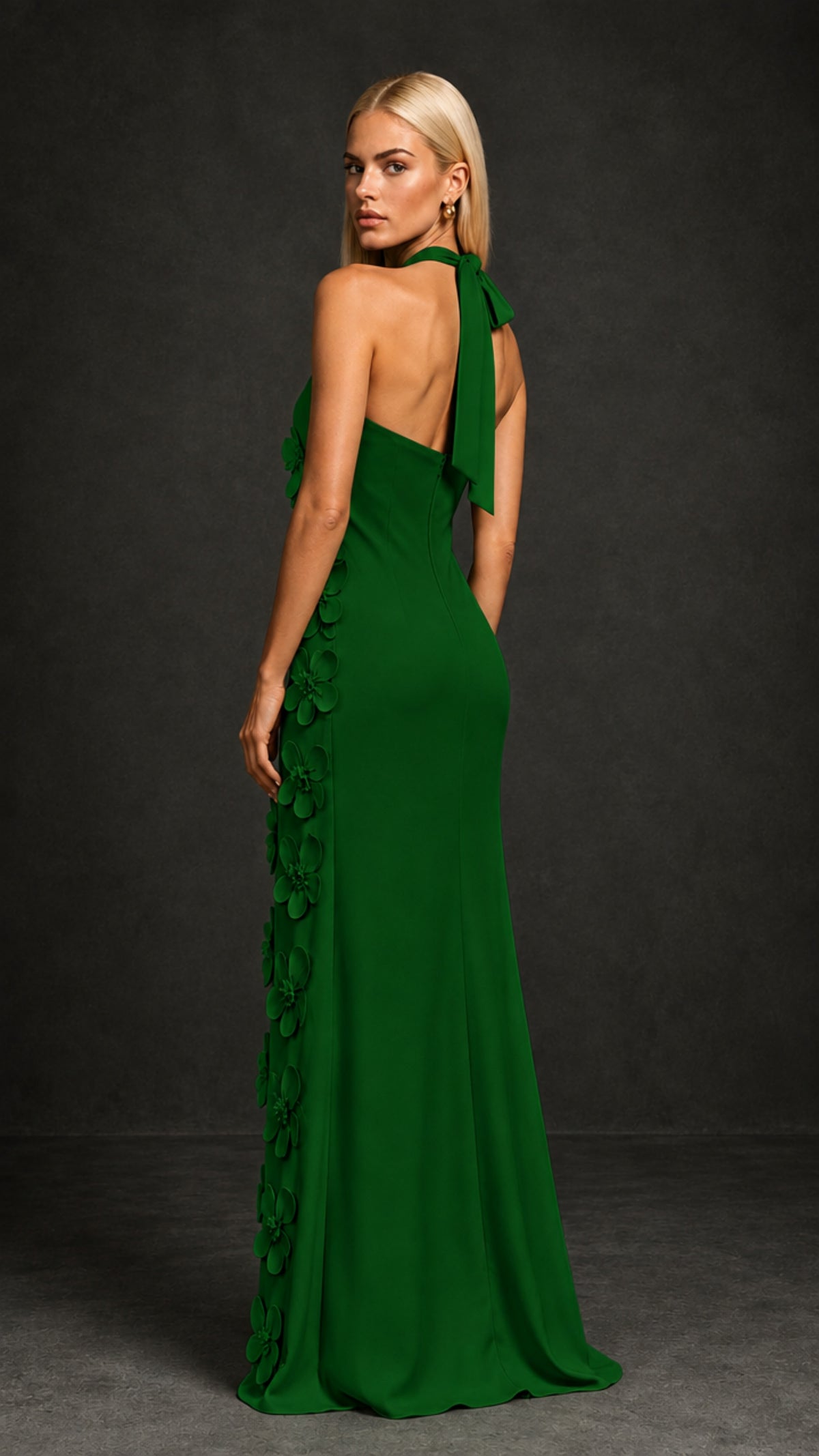 BOLODOO Emerald Green Cross Halter Neck 3D Floral Appliqué Backless Mermaid Maxi Gown - Emerald Green