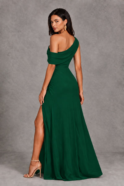 Emerald Green One-Shoulder Floor-Length Evening Gown with High Slit - Emerald Green