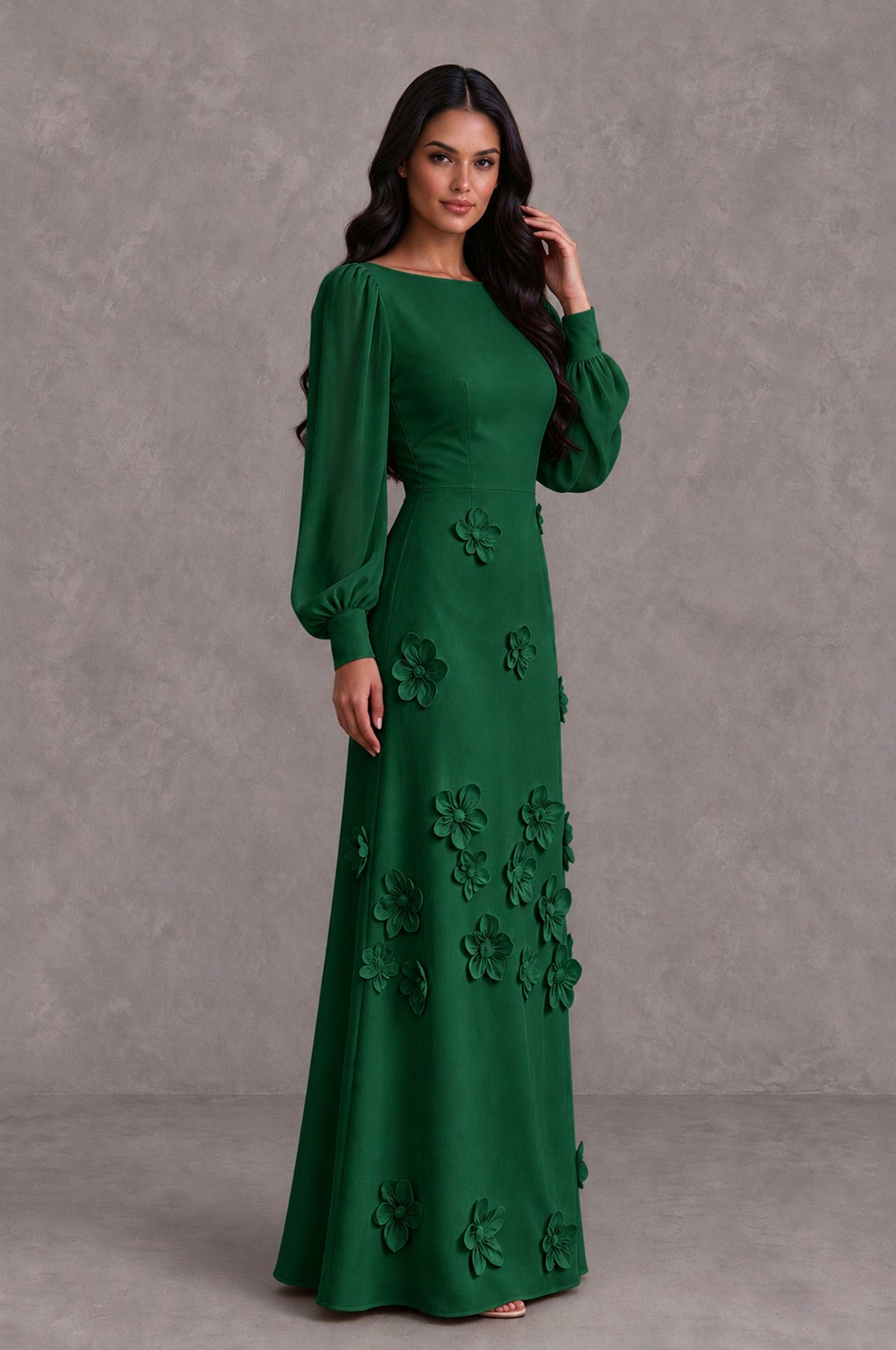 BOLODOO Emerald Green Long Sleeve Floral Applique A-Line Evening Dress - Emerald Green - Emerald Green_4