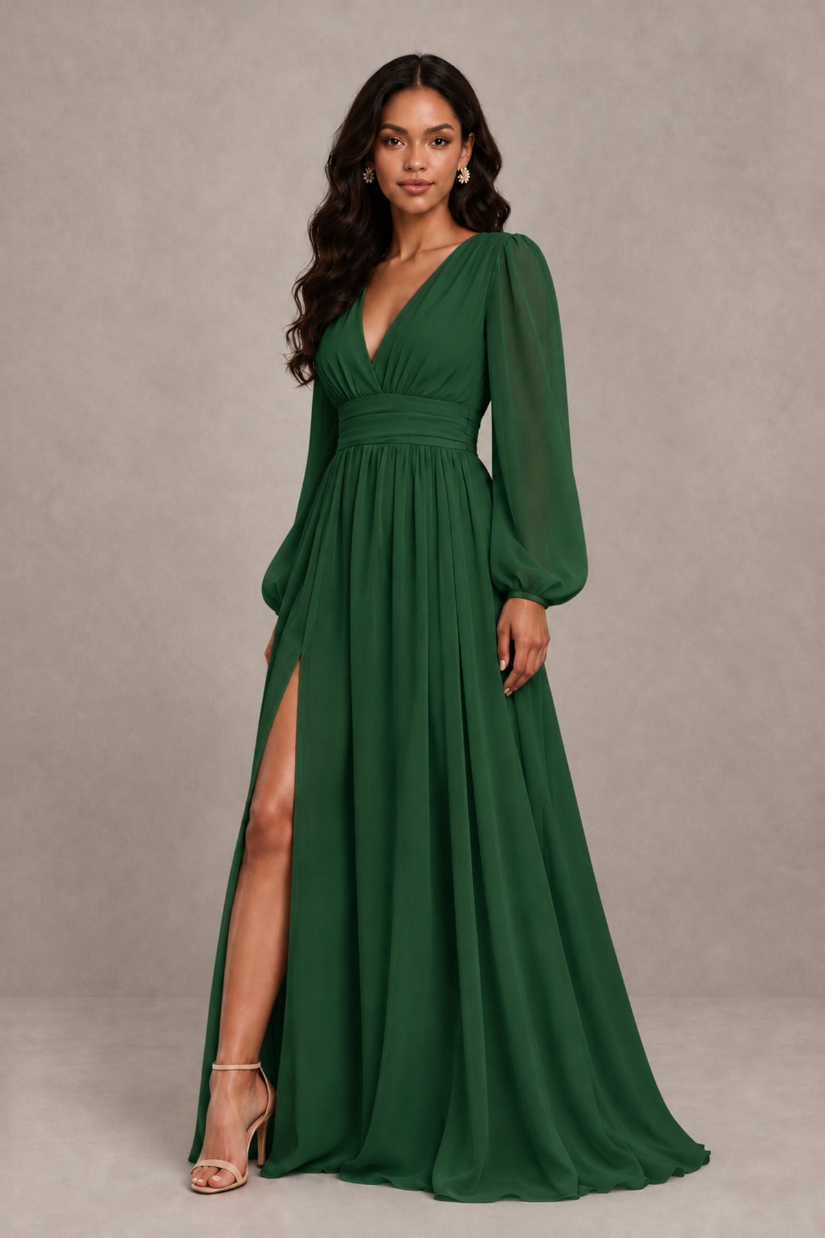 BOLODOO Emerald Green Long Sleeve V-Neck A-Line Gown with Open Back & Slit - Emerald Green - Emerald Green_4