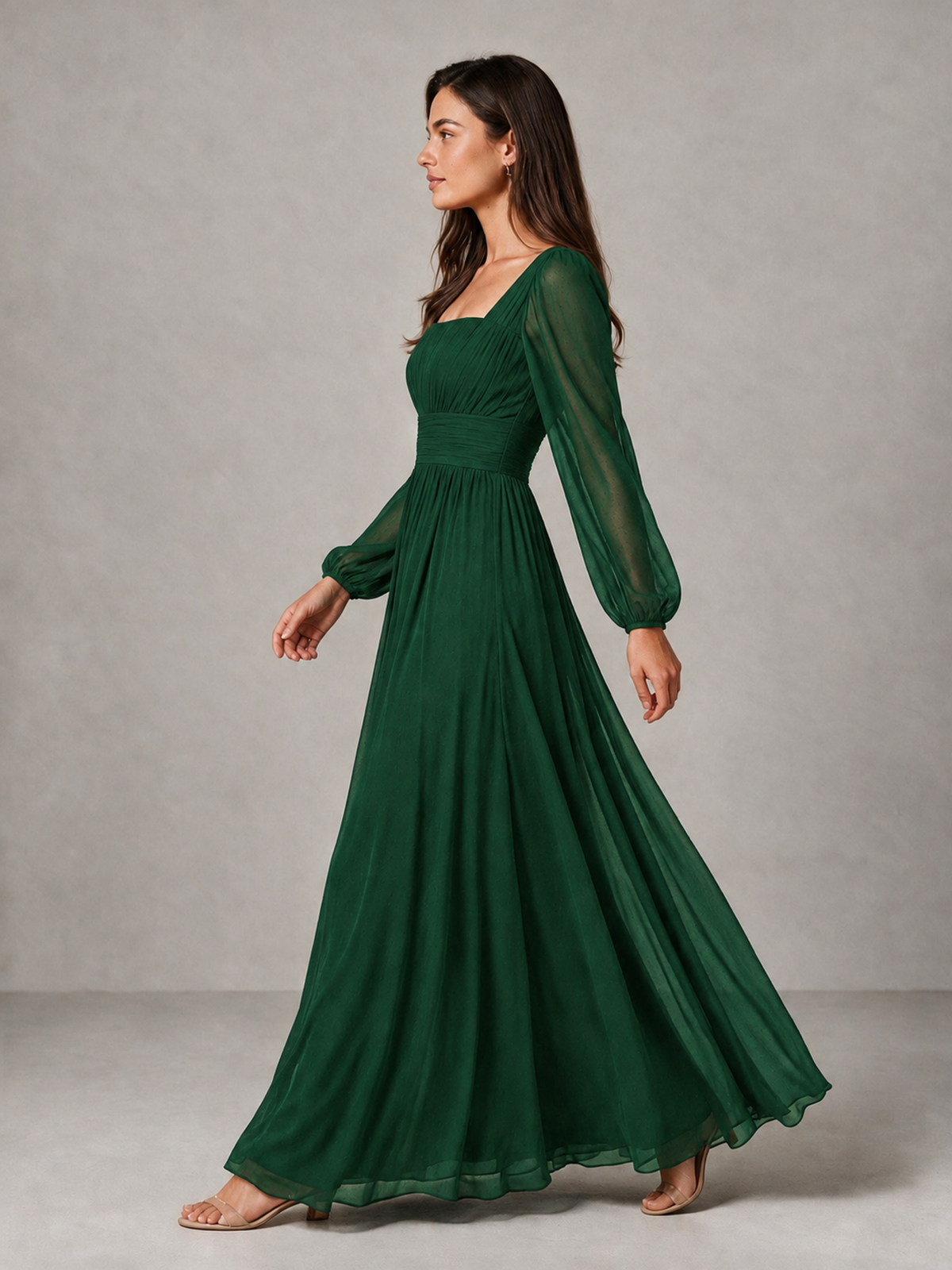 BOLODOO Emerald Green Square Neck Long Sleeve Chiffon Bridesmaid Dress - Emerald Green - Emerald Green_4