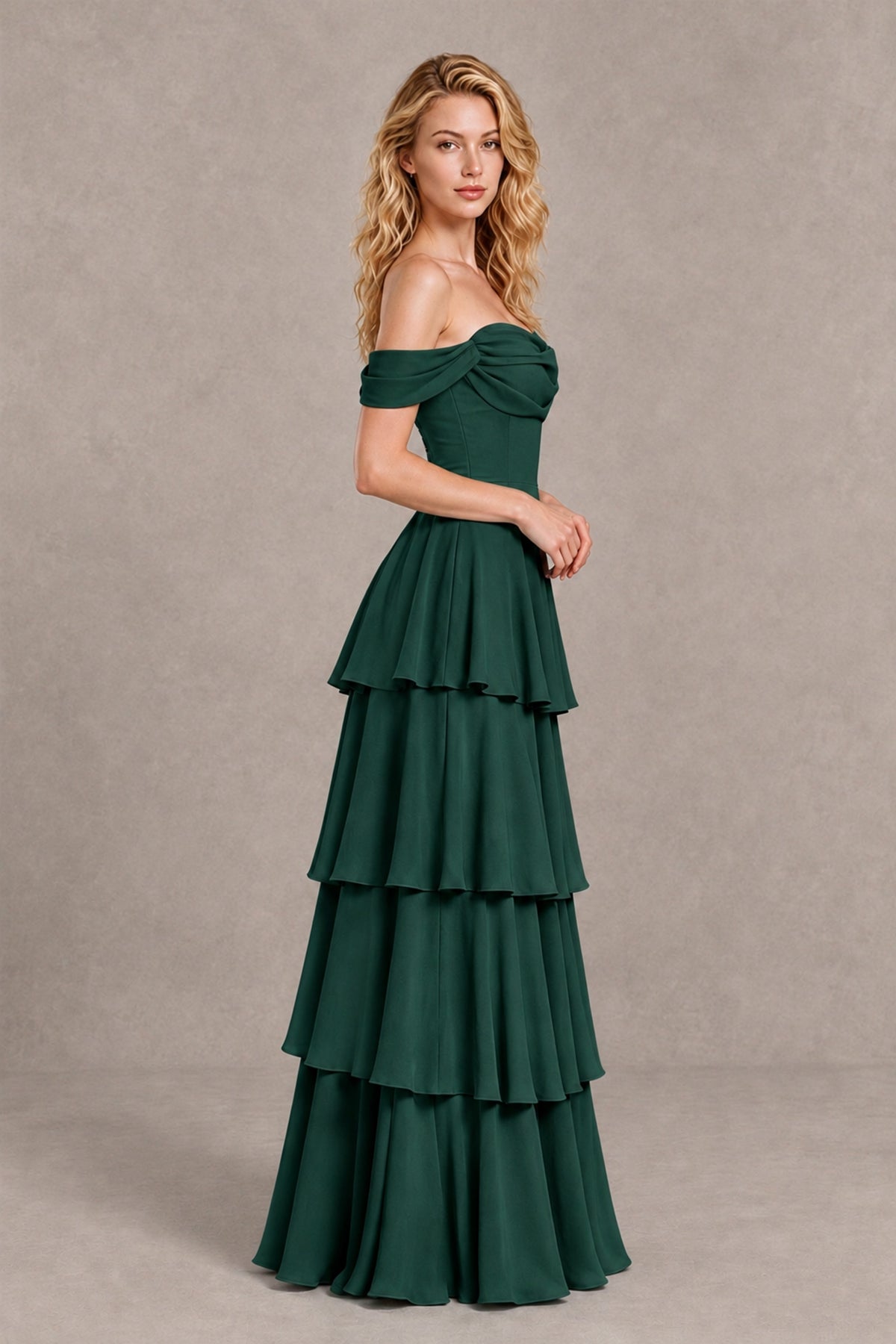BOLODOO Emerald Green Off-the-Shoulder Tiered A-Line Evening Bridesmaid Dress - Emerald Green - Emerald Green_4