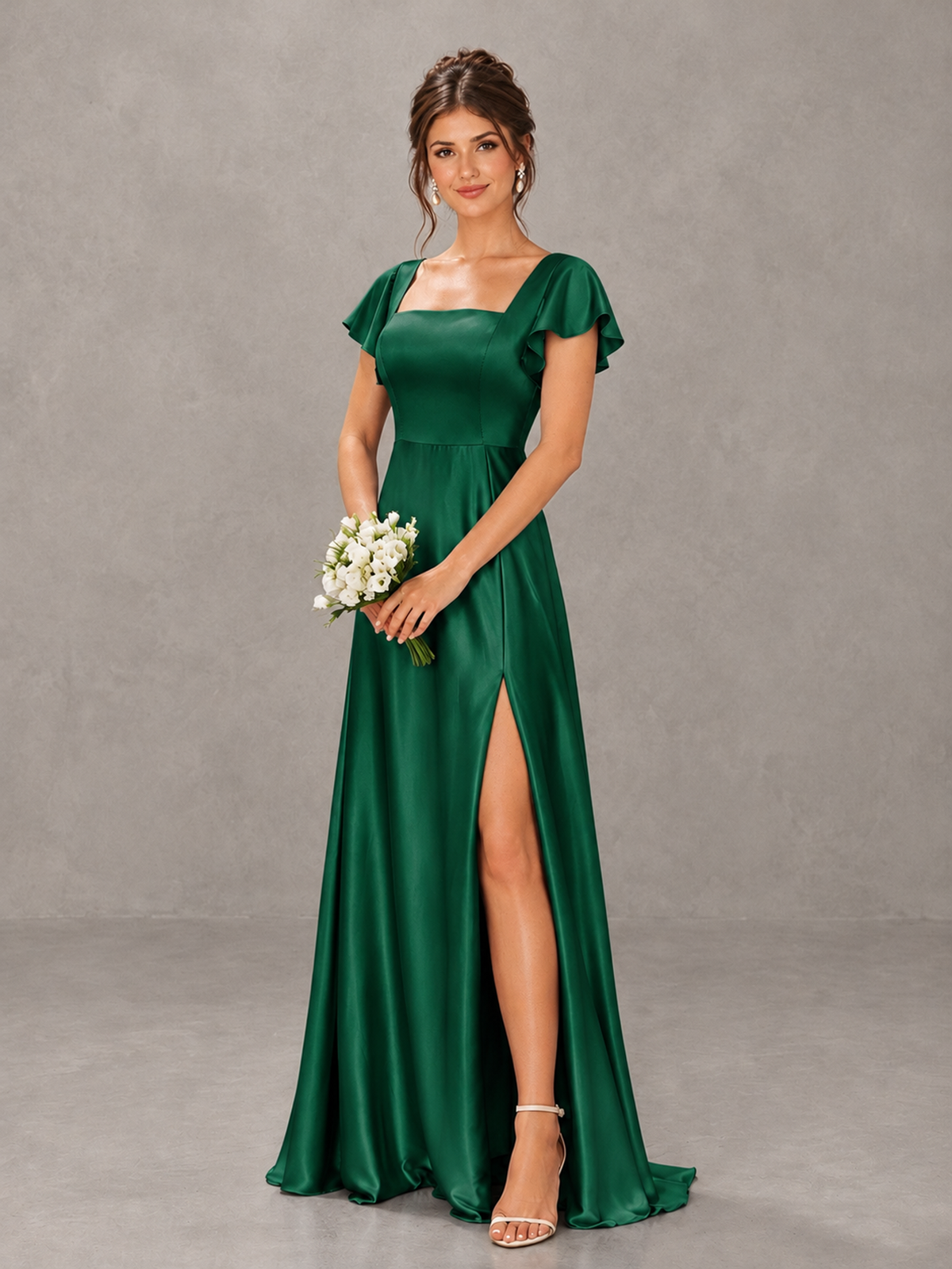 BOLODOO Emerald Green Satin Square Neck Flutter Sleeve A-Line Bridesmaid Dress with Slit - Emerald Green - Emerald Green_4