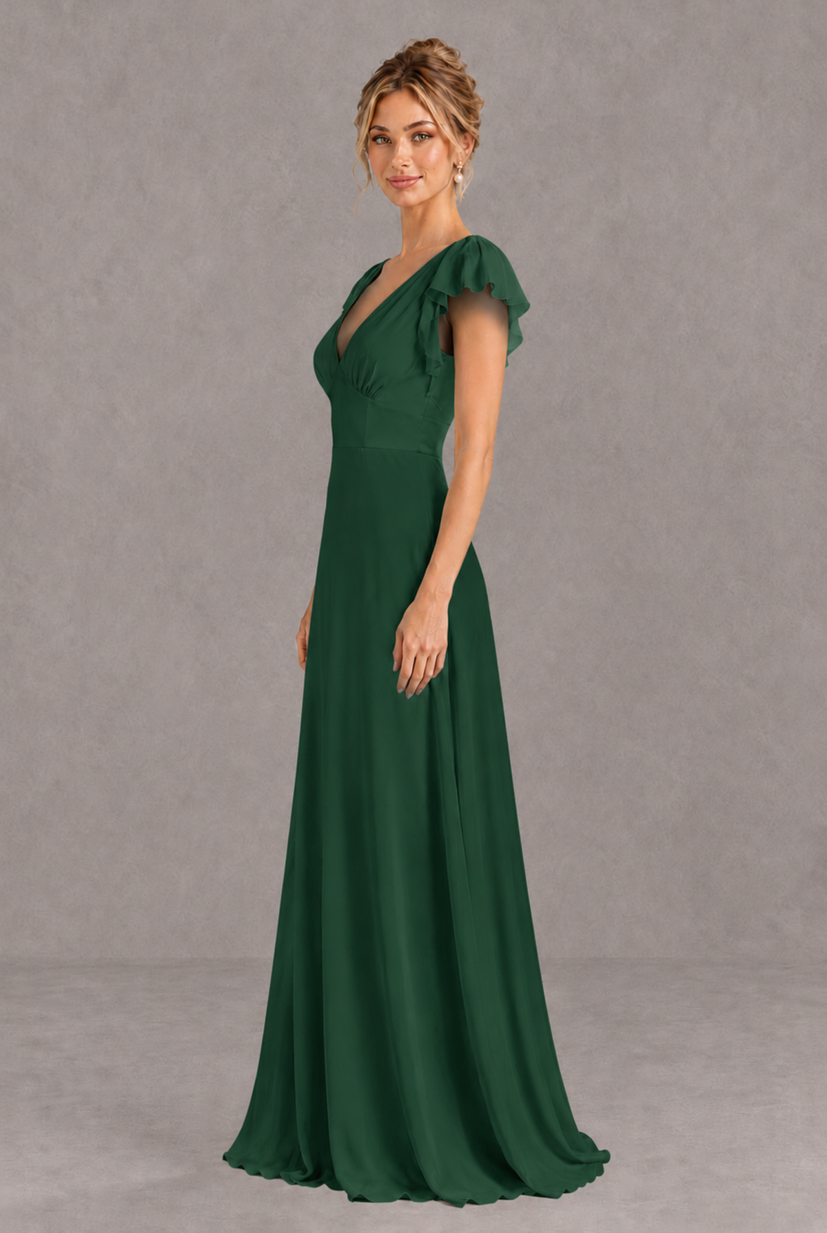 BOLODOO Emerald Green V-Neck Flutter Sleeve A-Line Bridesmaid Dress - Emerald Green - Emerald Green_4