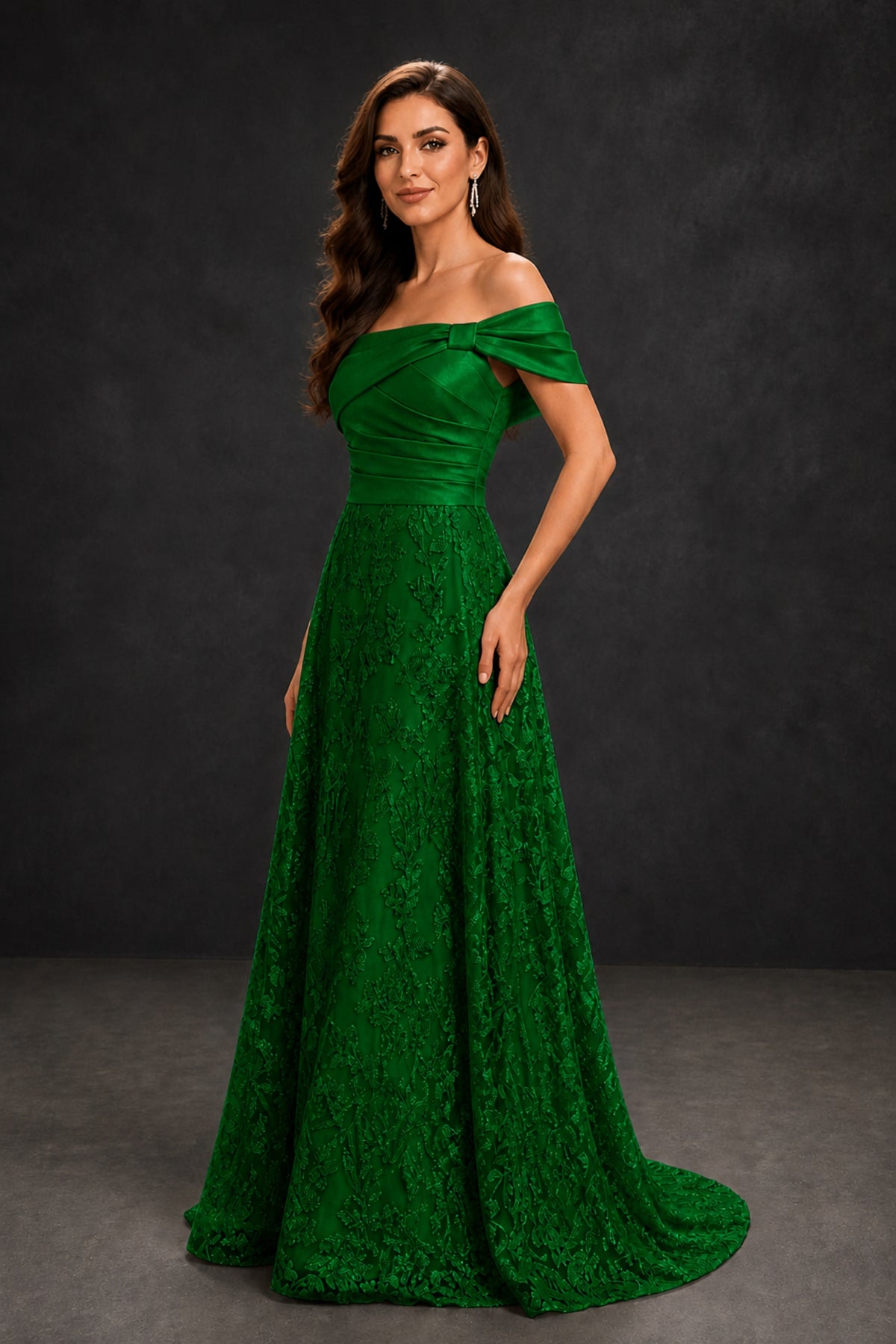 BOLODOO Emerald Green Lace Glitter Off Shoulder Cap Sleeve A-Line Ball Gown with Train – Formal Evening Dress - Emerald Green