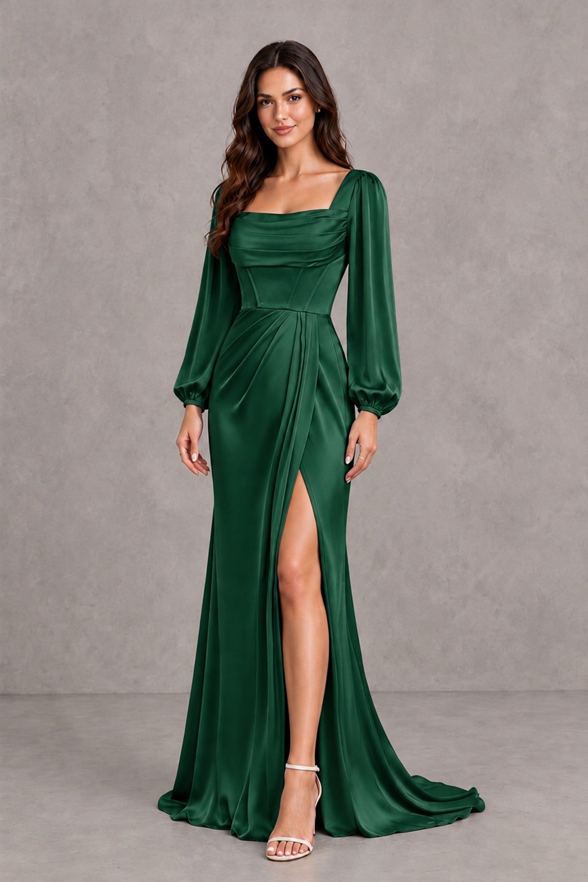 BOLODOO Emerald Green Satin-Look Long Sleeve Evening Dress with High Slit - Emerald Green - Emerald Green_4
