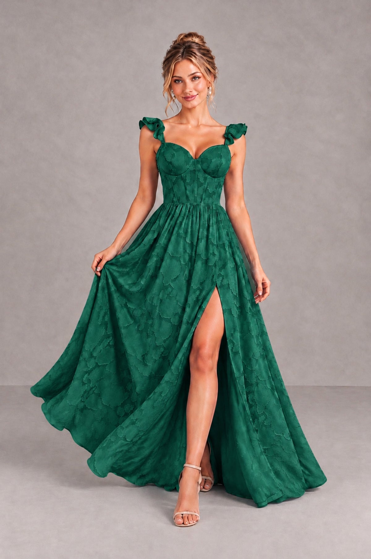 BOLODOO Emerald Green Floral A-Line Bridesmaid Dress with Slit Ruffle Straps Maxi Gown - Emerald Green - Emerald Green_4