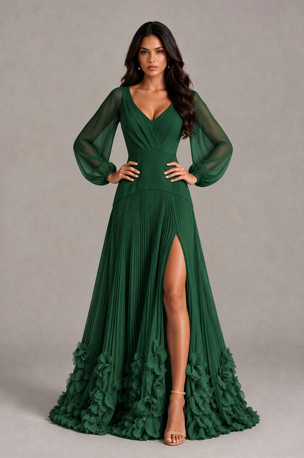 BOLODOO Emerald Green V-Neck Long Sleeve Pleated Floral Hem Evening Dress - Emerald Green - Emerald Green_4