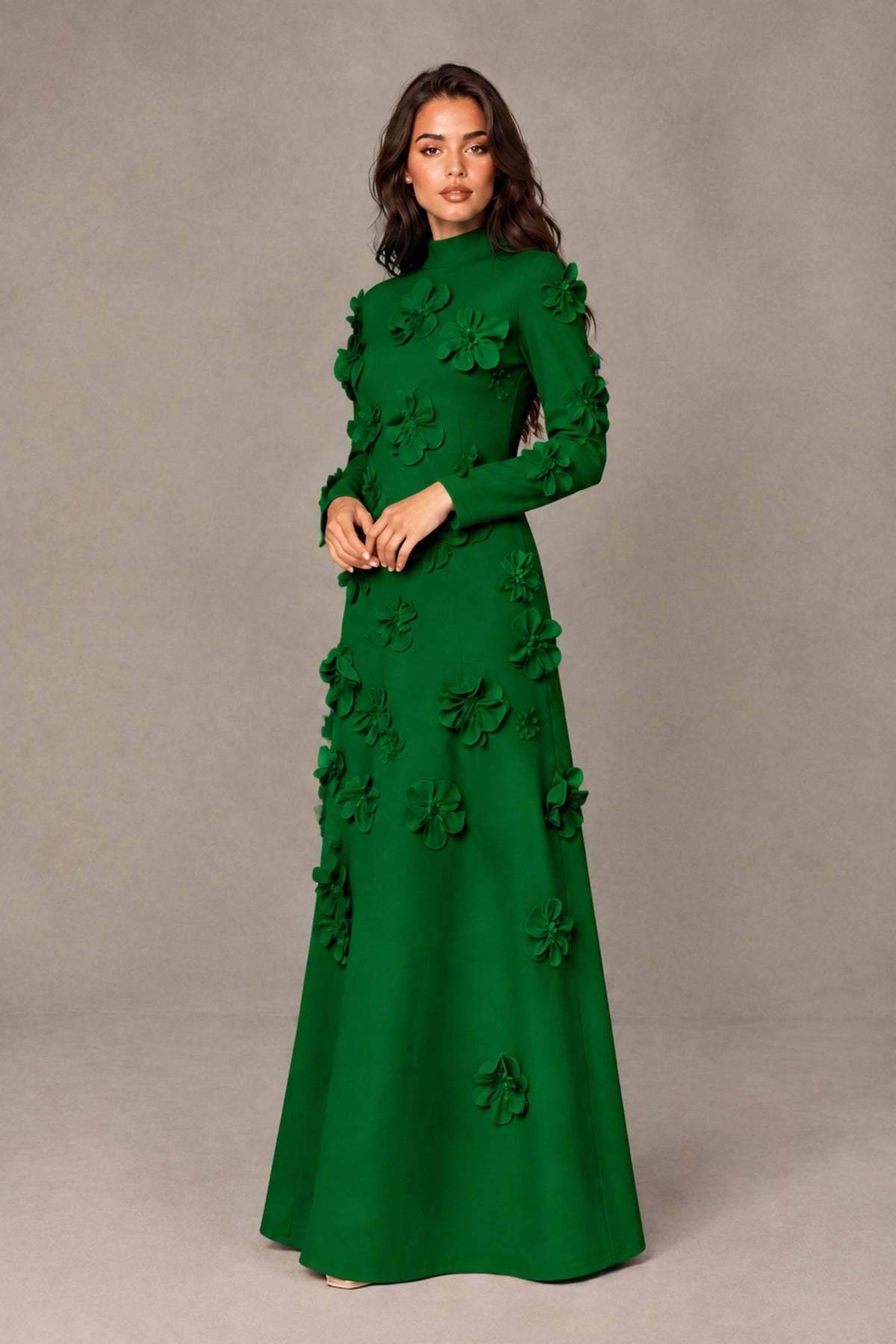 BOLODOO Emerald Green High Neck Long Sleeve 3D Floral Evening Gown - Emerald Green