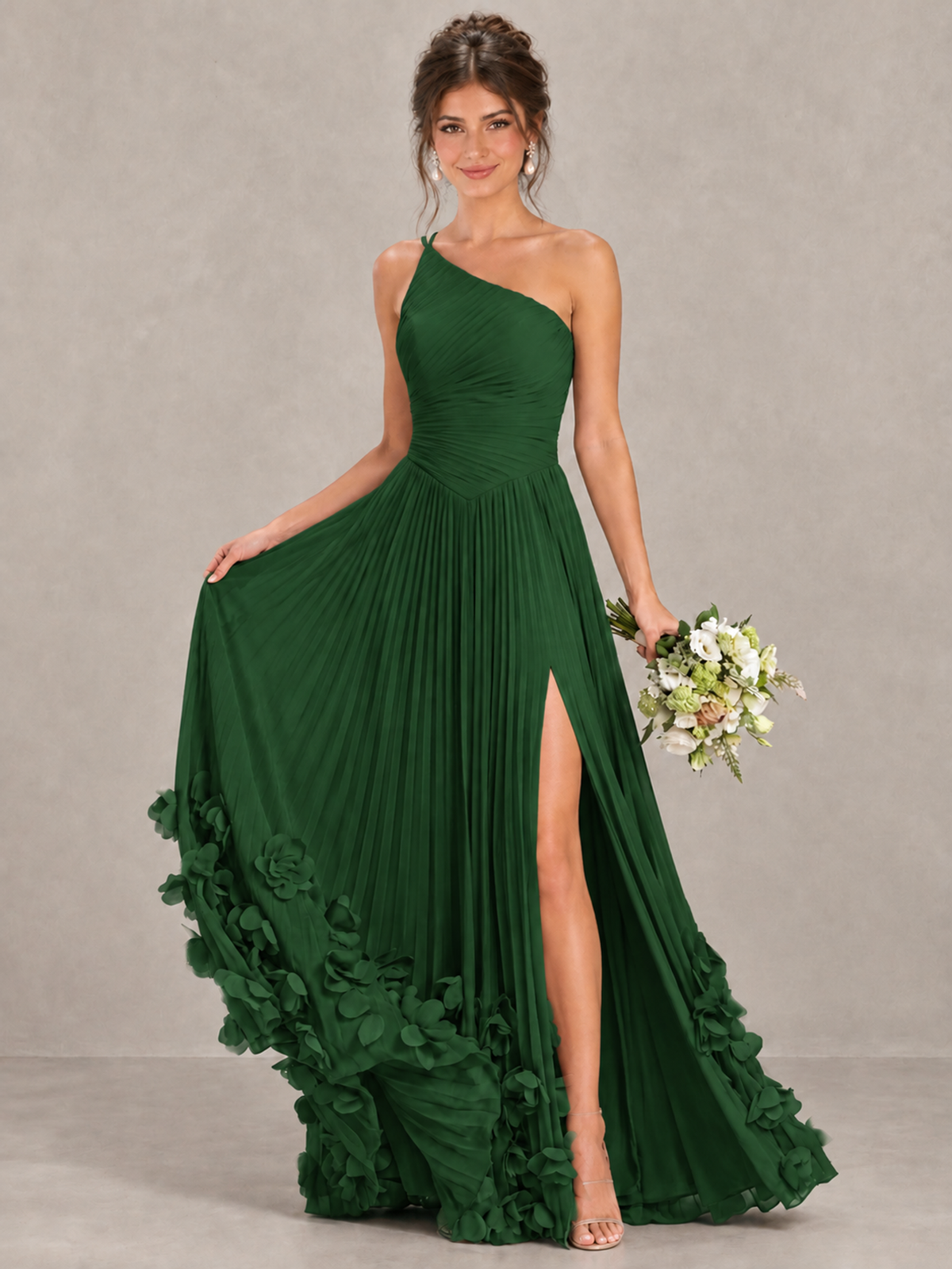 BOLODOO Emerald Green One-Shoulder Pleated Bridesmaid Dress with 3D Floral Hem - Emerald Green - Emerald Green_4