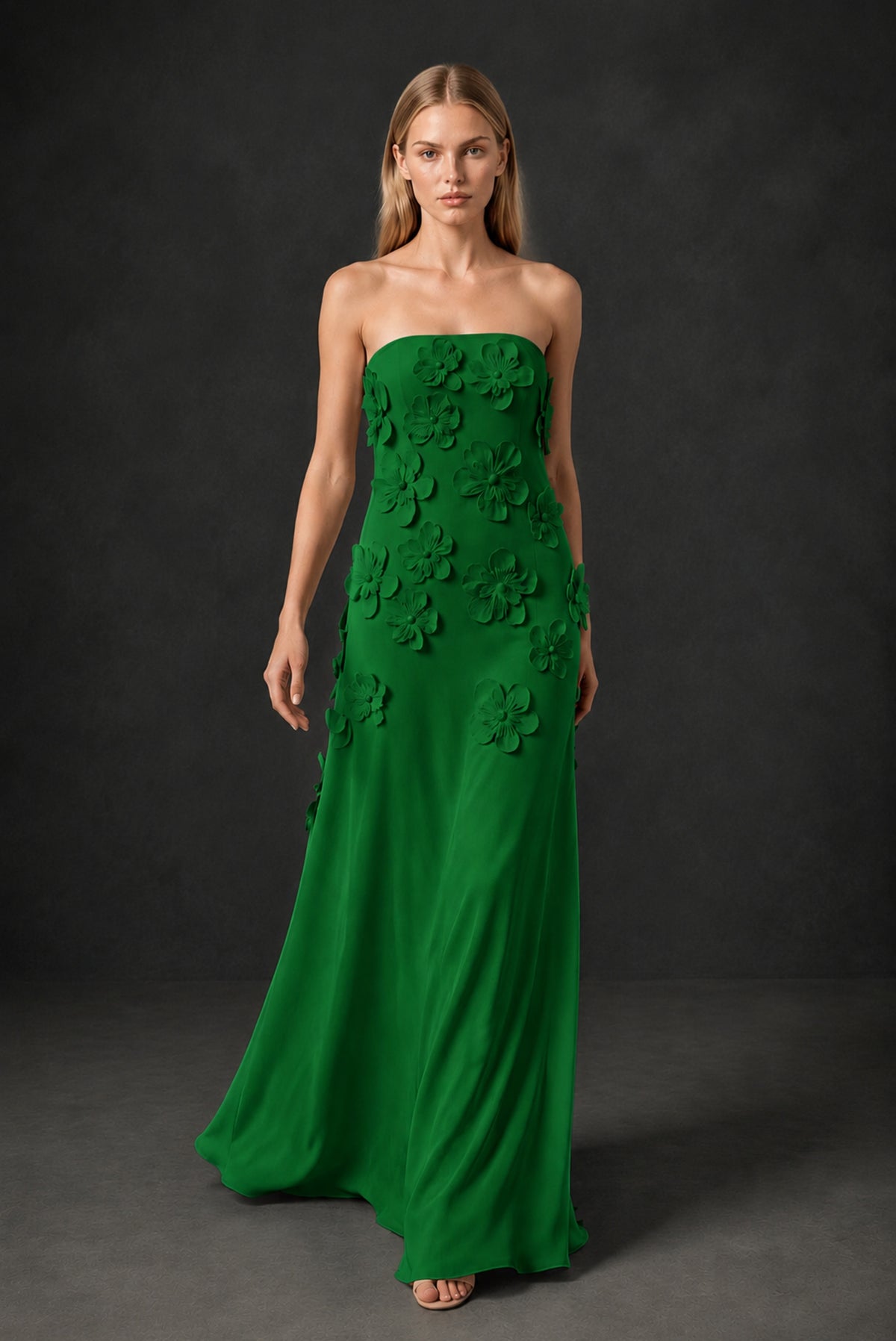 BOLODOO Emerald Green Strapless 3D Floral Appliqué Crepe Maxi Gown - Emerald Green