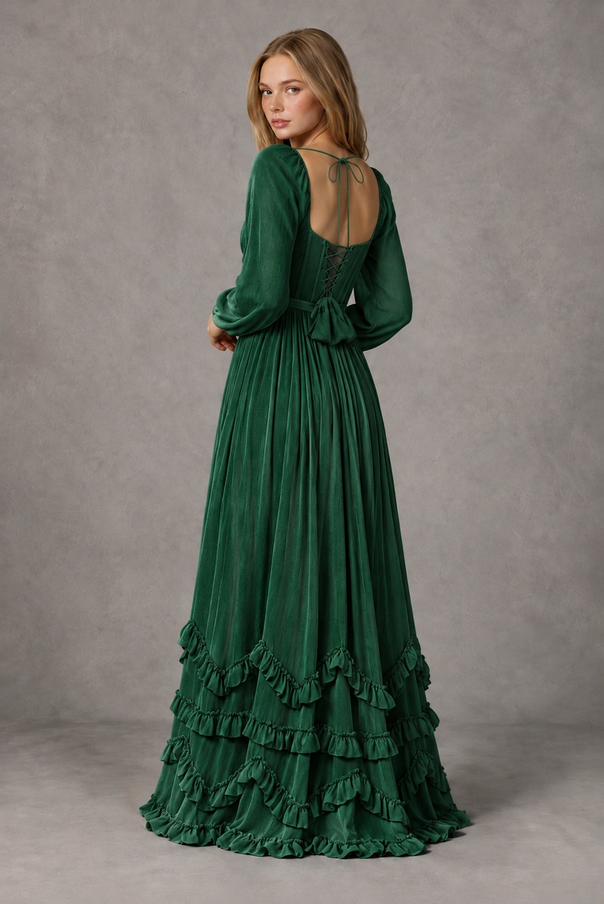 Emerald Green Long-Sleeve Ruffle Maxi Dress with Lace-Up Back and Slit - Emerald Green