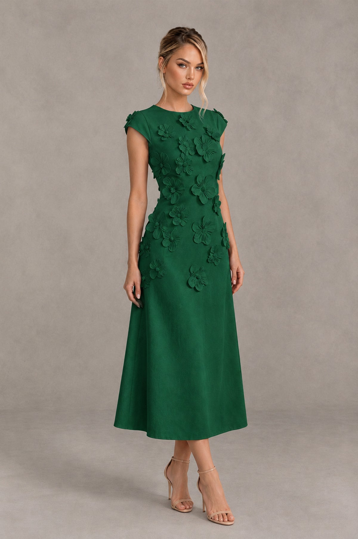 BOLODOO Emerald Green 3D Floral Cap Sleeve Midi Cocktail Dress - Emerald Green - Emerald Green_4