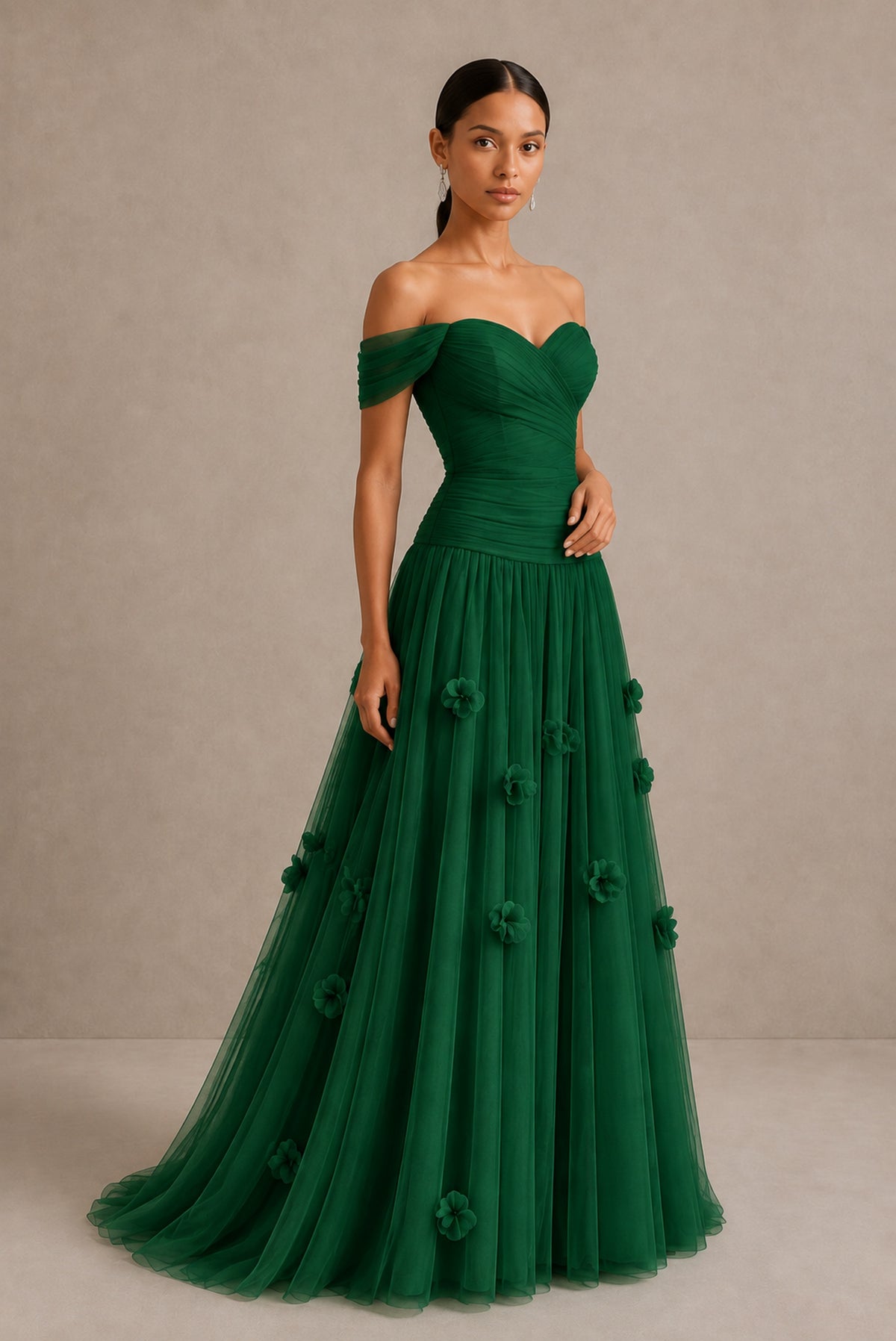 Emerald Green Off-Shoulder Sweetheart A-Line Tulle Gown with 3D Floral Appliques | BOLODOO - Emerald Green