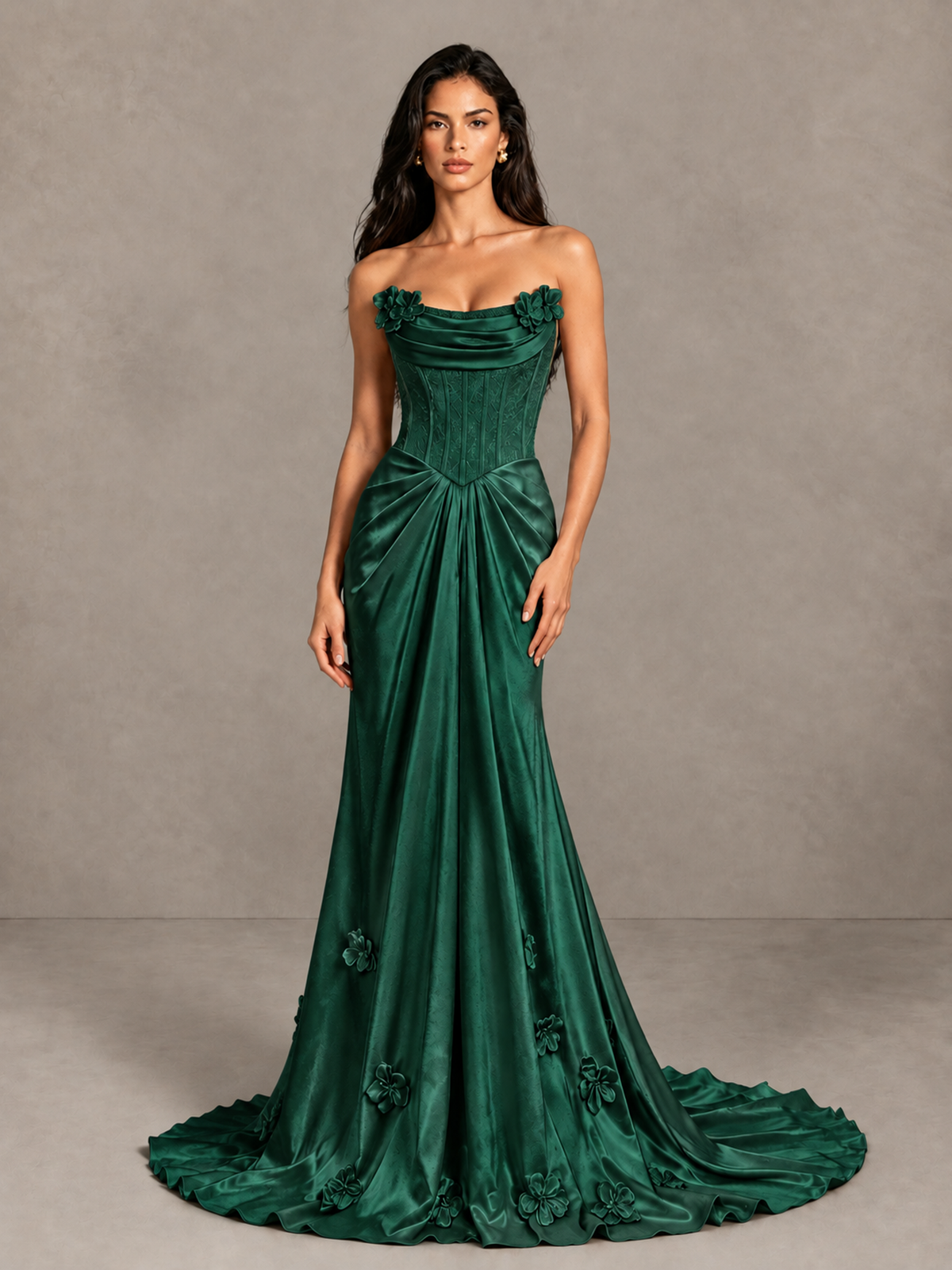 BOLODOO Emerald Green Strapless Floral Corset Evening Gown with Train - Emerald Green - Emerald Green_4