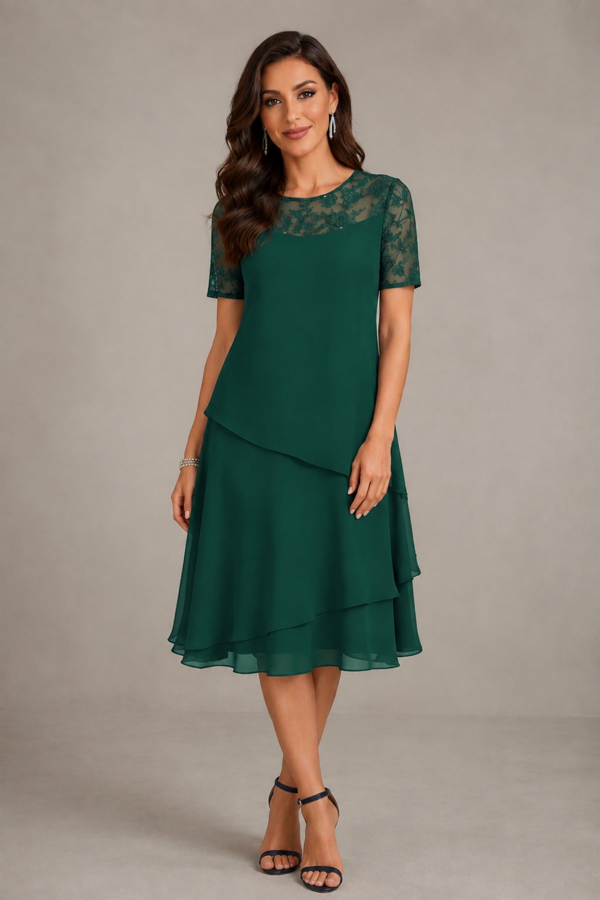 BOLODOO Emerald Green Illusion Lace Short Sleeve Tiered Chiffon Tea Length Dress | Mother of the Bride Midi Dress - Emerald Green